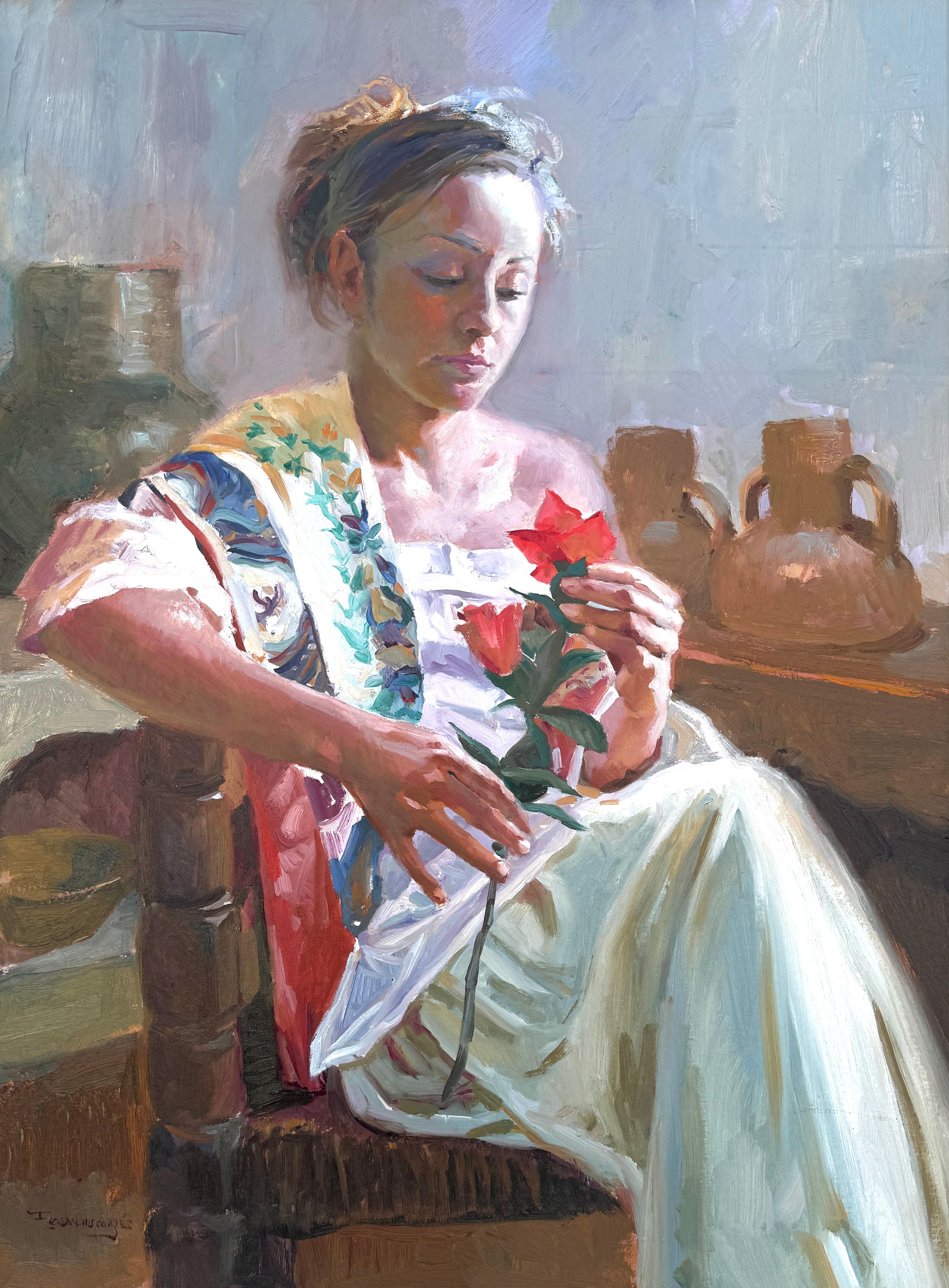 Portrait Painting de Francisco Sanchis Cortés - Woman with Red Flower oil on canvas painting