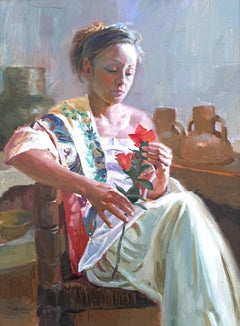 Woman with Red Flower oil on canvas painting
