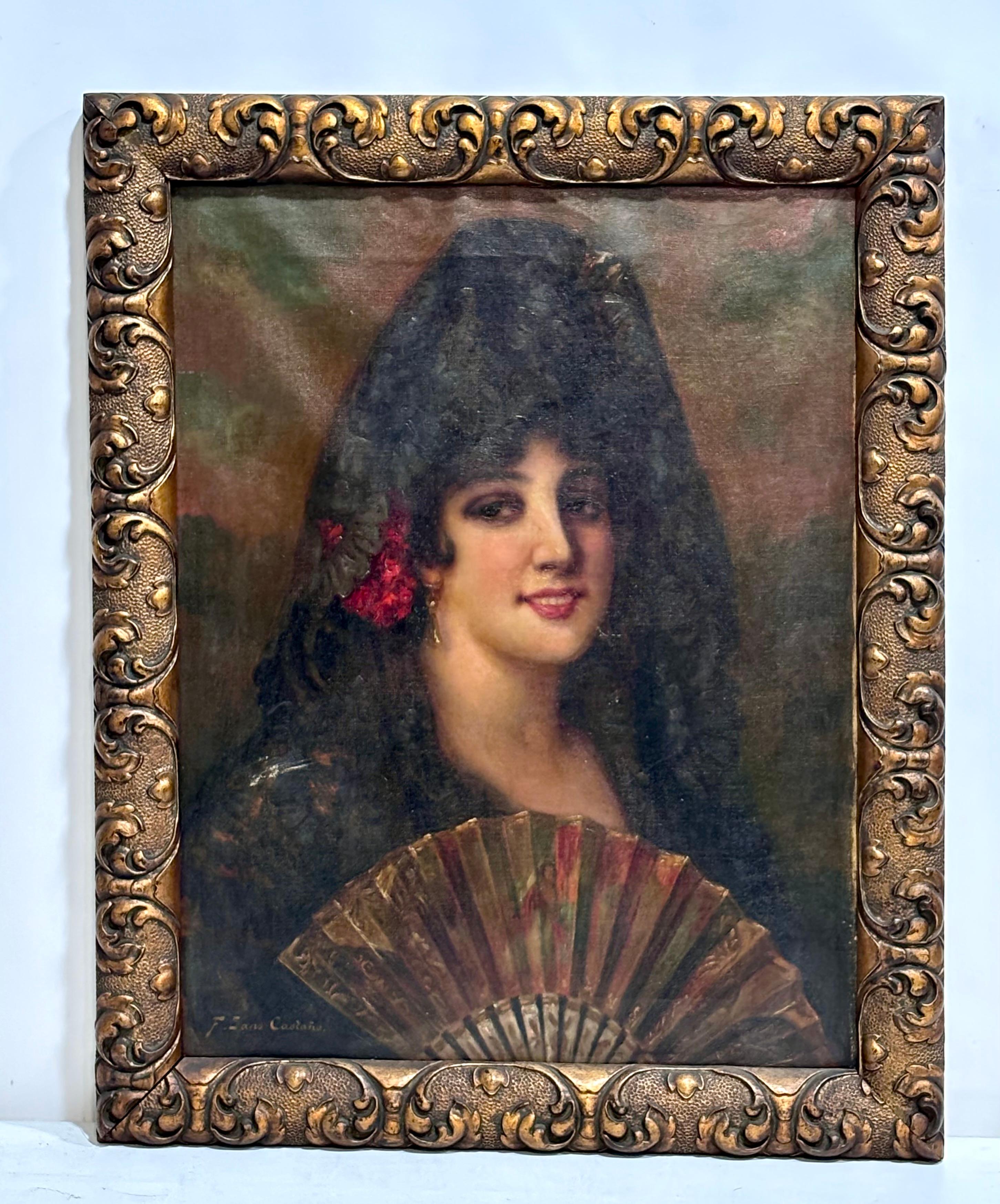 FRANCESC SANS CASTAÑO - MAJA CON ABANICO Y MANTILLA - OLEO LIENZO - Painting by Francisco Sans Castaño