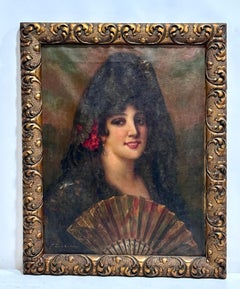 FRANCESC SANS CASTAÑO - MAJA CON ABANICO Y MANTILLA - OLEO LIENZO