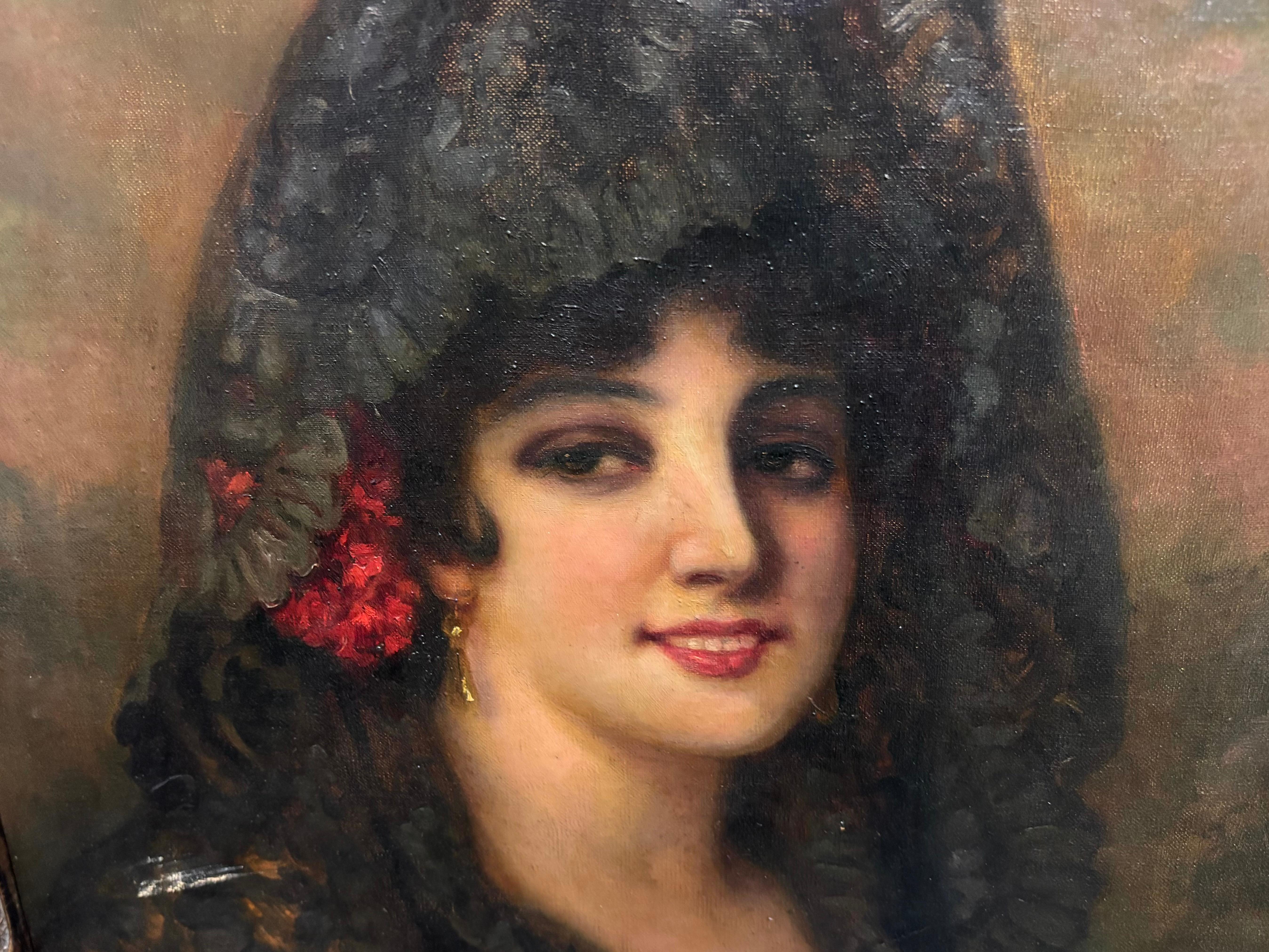FRANCESC SANS CASTAÑO - MAJA CON ABANICO Y MANTILLA - OLEO LIENZO - Brown Portrait Painting by Francisco Sans Castaño