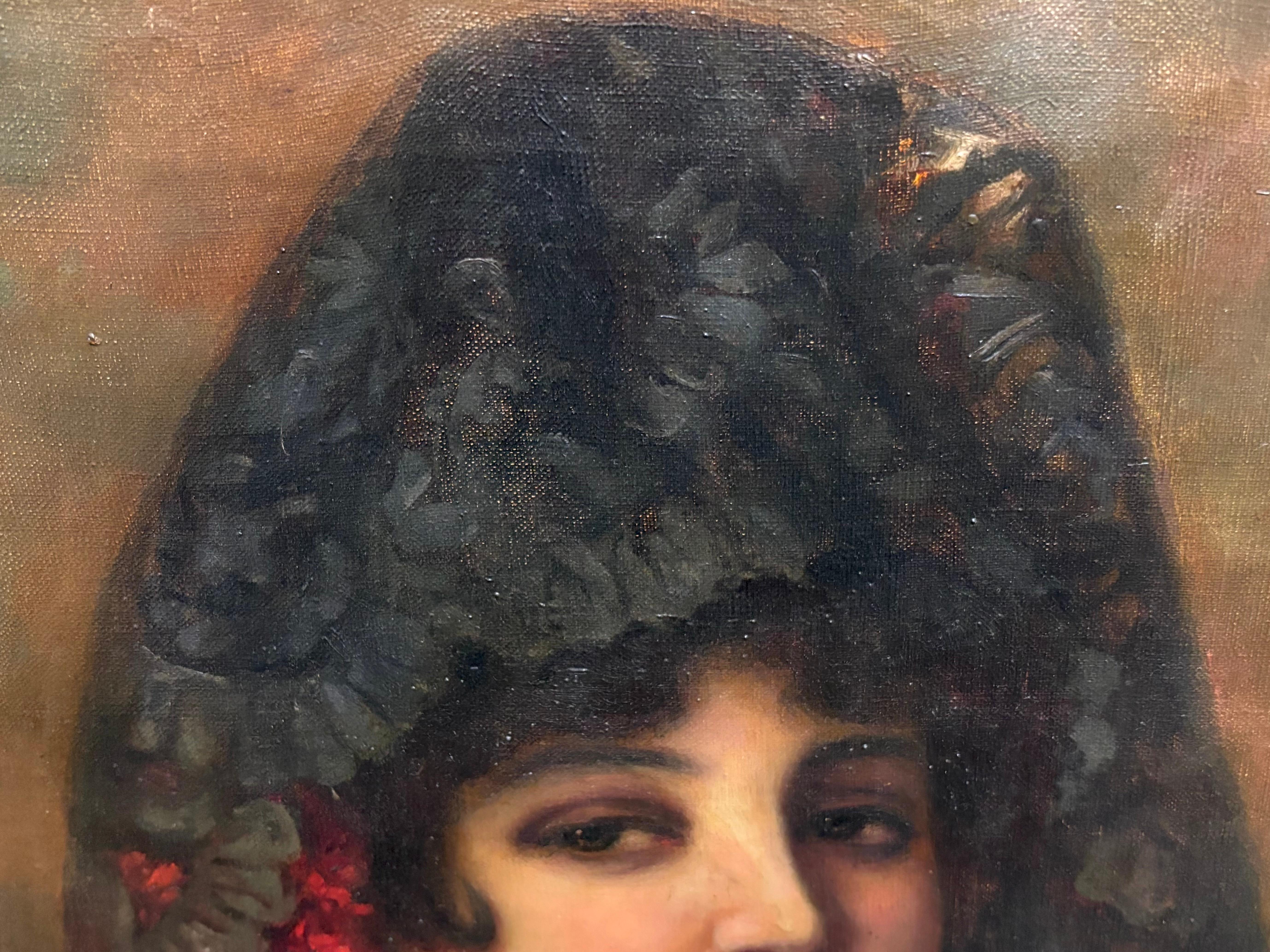 FRANCESC SANS CASTAÑO - MAJA CON ABANICO Y MANTILLA - OLEO LIENZO For Sale 3