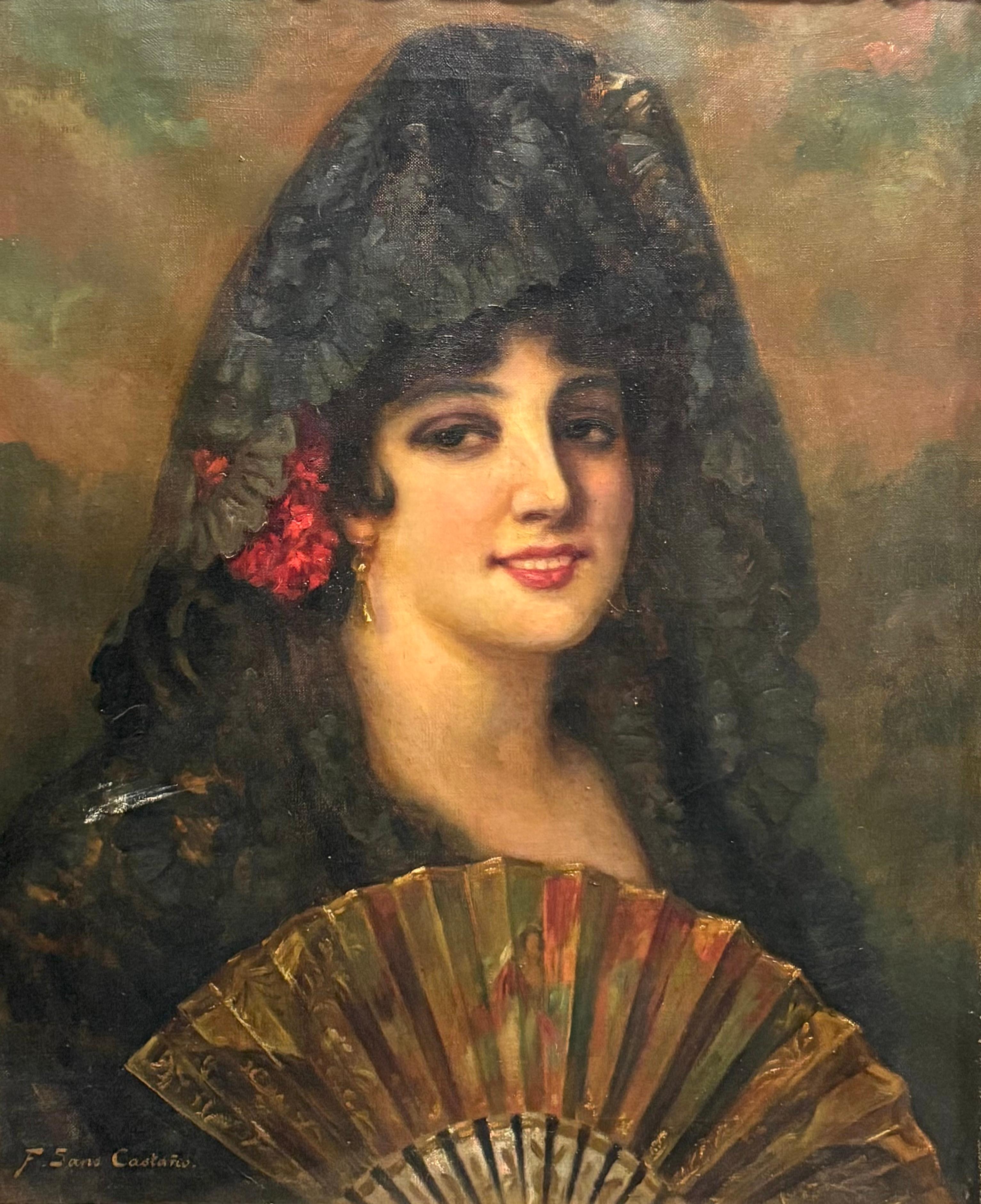 Francisco Sans Castaño Portrait Painting - FRANCESC SANS CASTAÑO - MAJA CON ABANICO Y MANTILLA - OLEO LIENZO