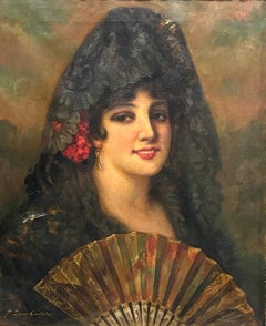 FRANCESC SANS CASTAÑO - MAJA CON ABANICO Y MANTILLA - OLEO LIENZO