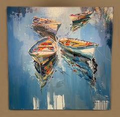 'All Tied Up' Colourful Contemporary Painting of boats & Water, Blue, red, white
