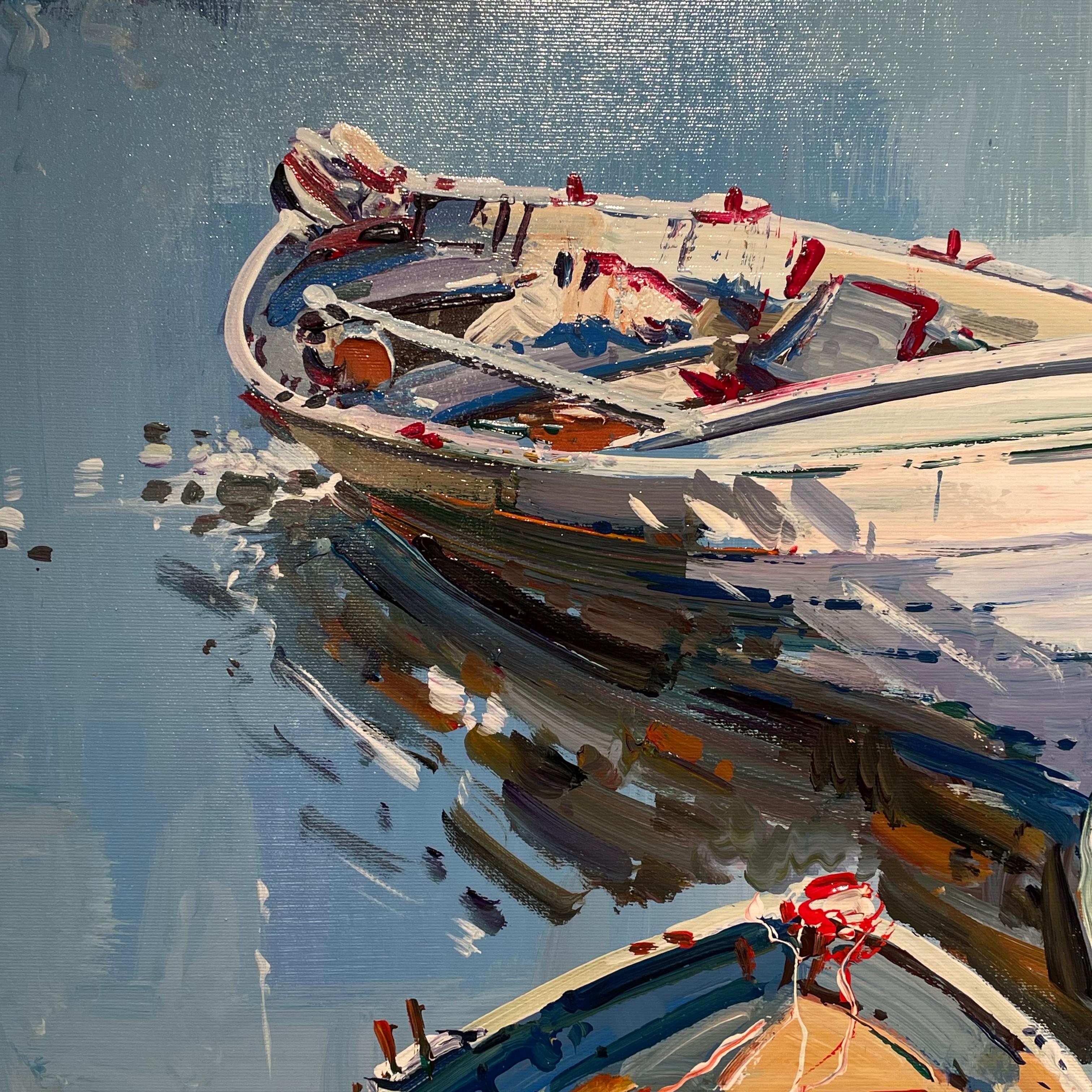 'All Tied Up' Colourful Contemporary Painting of boats & Water, Blue, red, white - Gray Landscape Painting by Francisco Santana 
