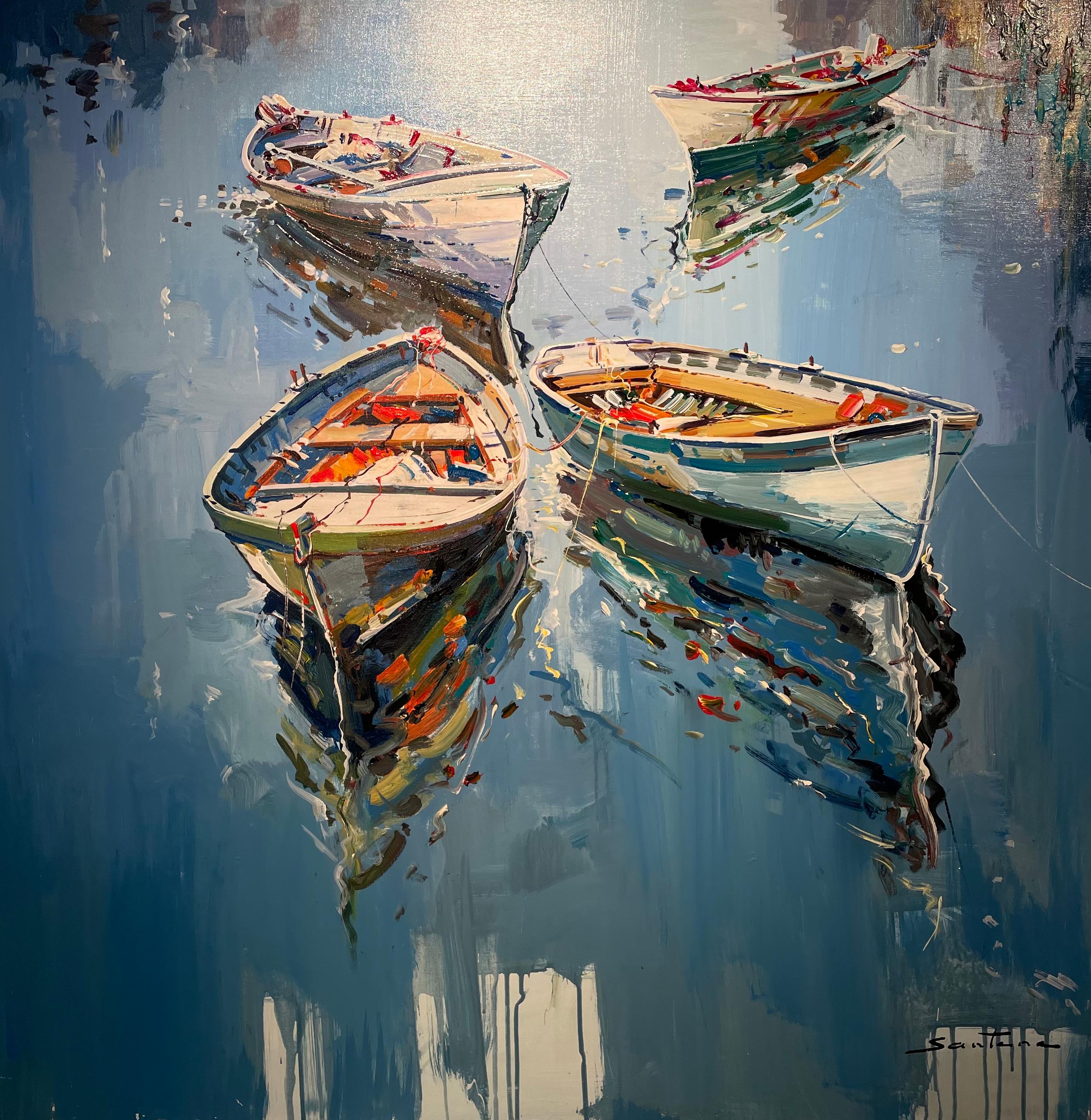 Francisco Santana  Landscape Painting - 'All Tied Up' Colourful Contemporary Painting of boats & Water, Blue, red, white