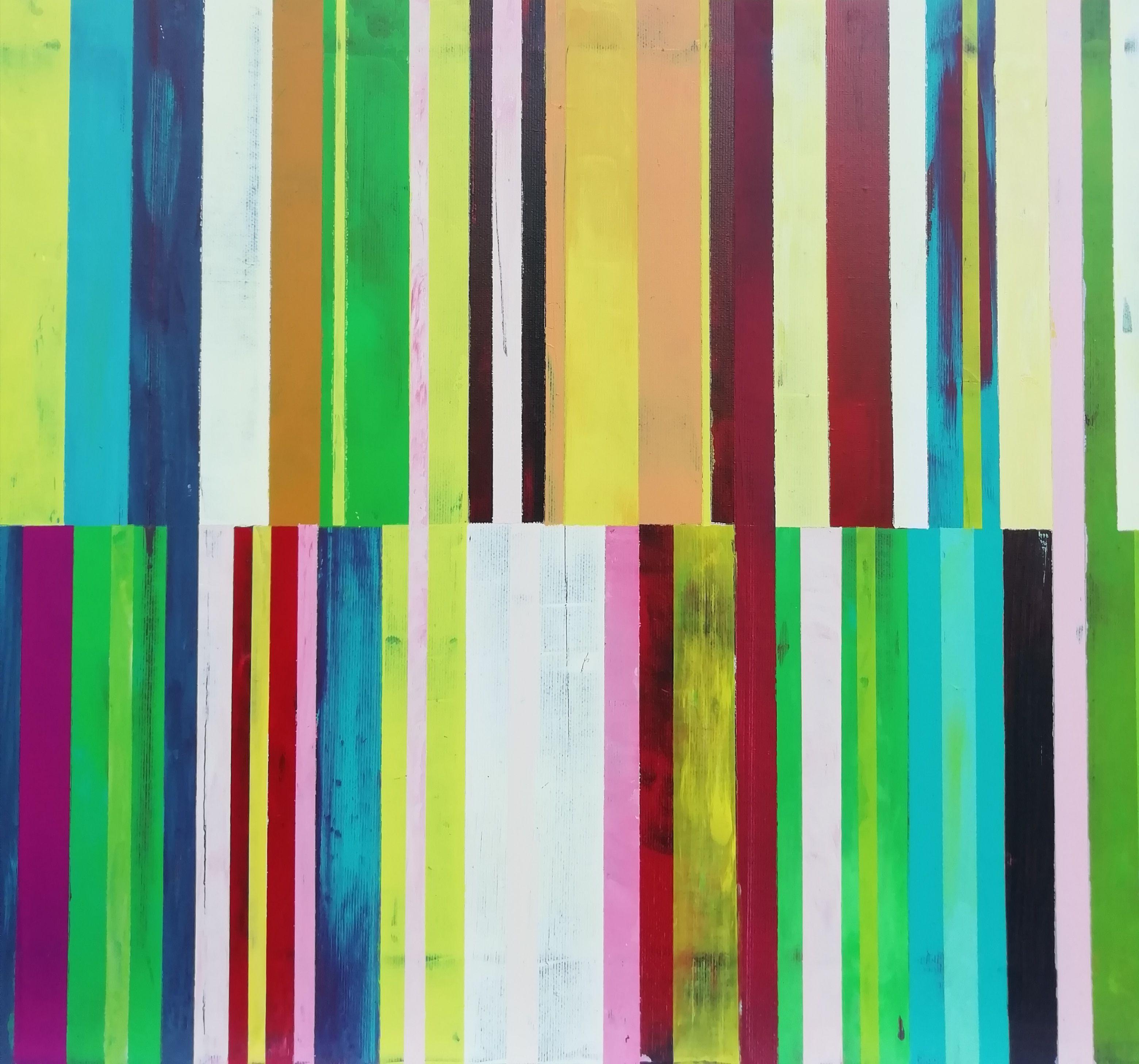 Acrylic on canvas. Signed back. Certificate of Autenticity. The sides are painted. Large painting. Shipping included.    The paintings of colored lines, wid or narrow, appear as a turning point in my most recent work. Contrasts, calm harmony,
