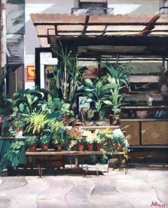 flower stand Barcelona Spain oil on canvas painting