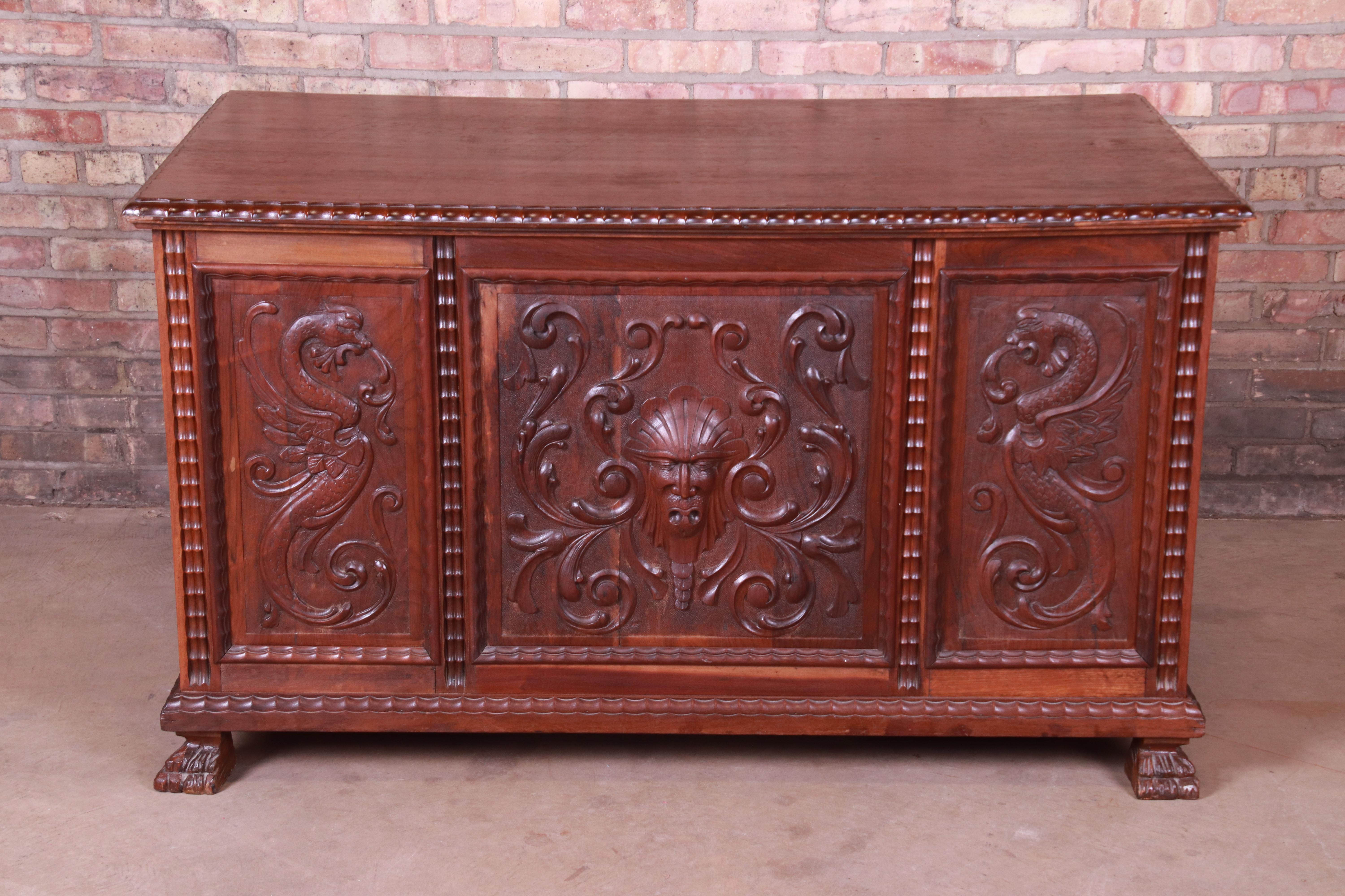 Leather Francisco Sobrinho Ornate Carved Walnut Desk and Chair, Brazil, 1930s