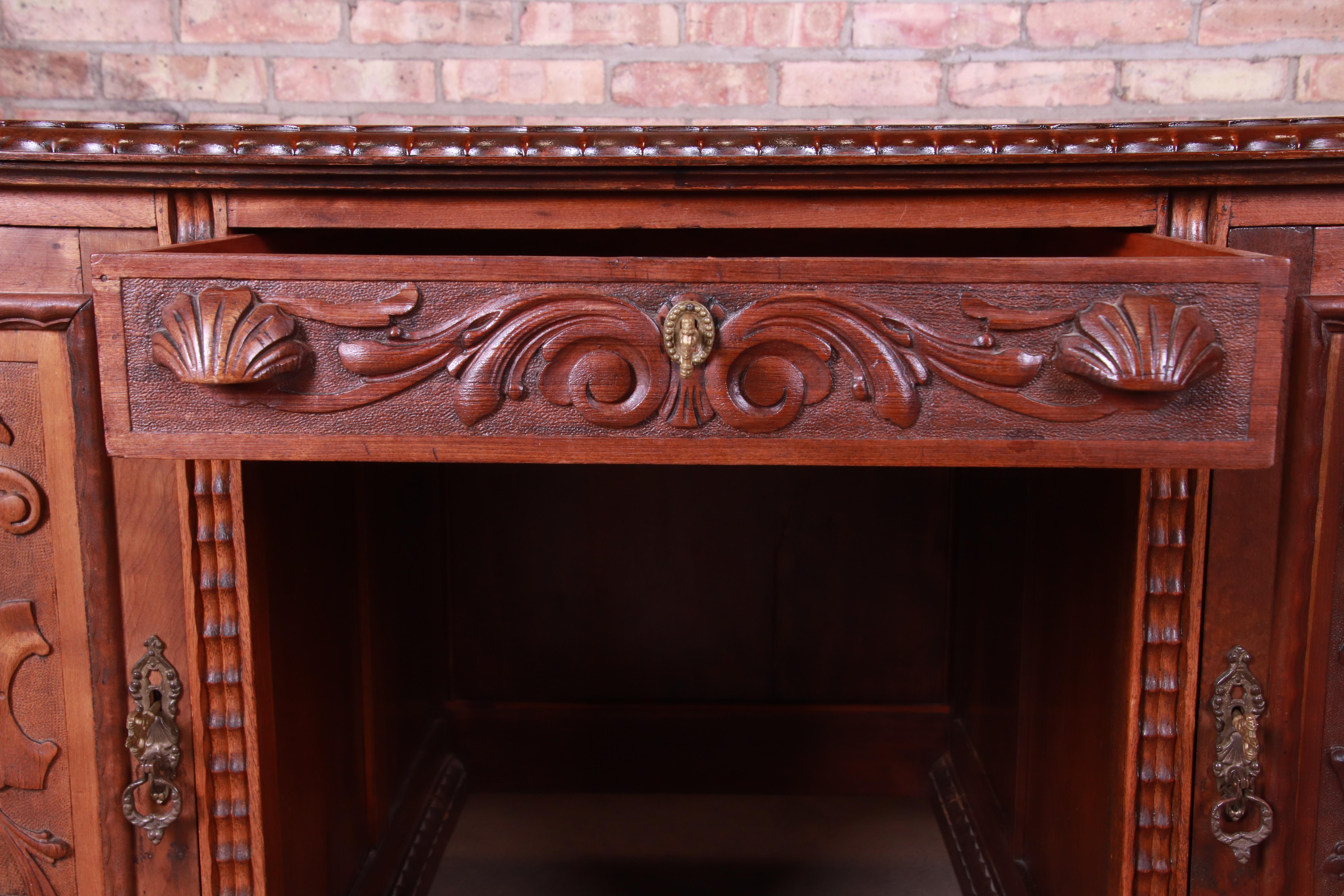 Francisco Sobrinho Ornate Carved Walnut Desk and Chair, Brazil, 1930s 4