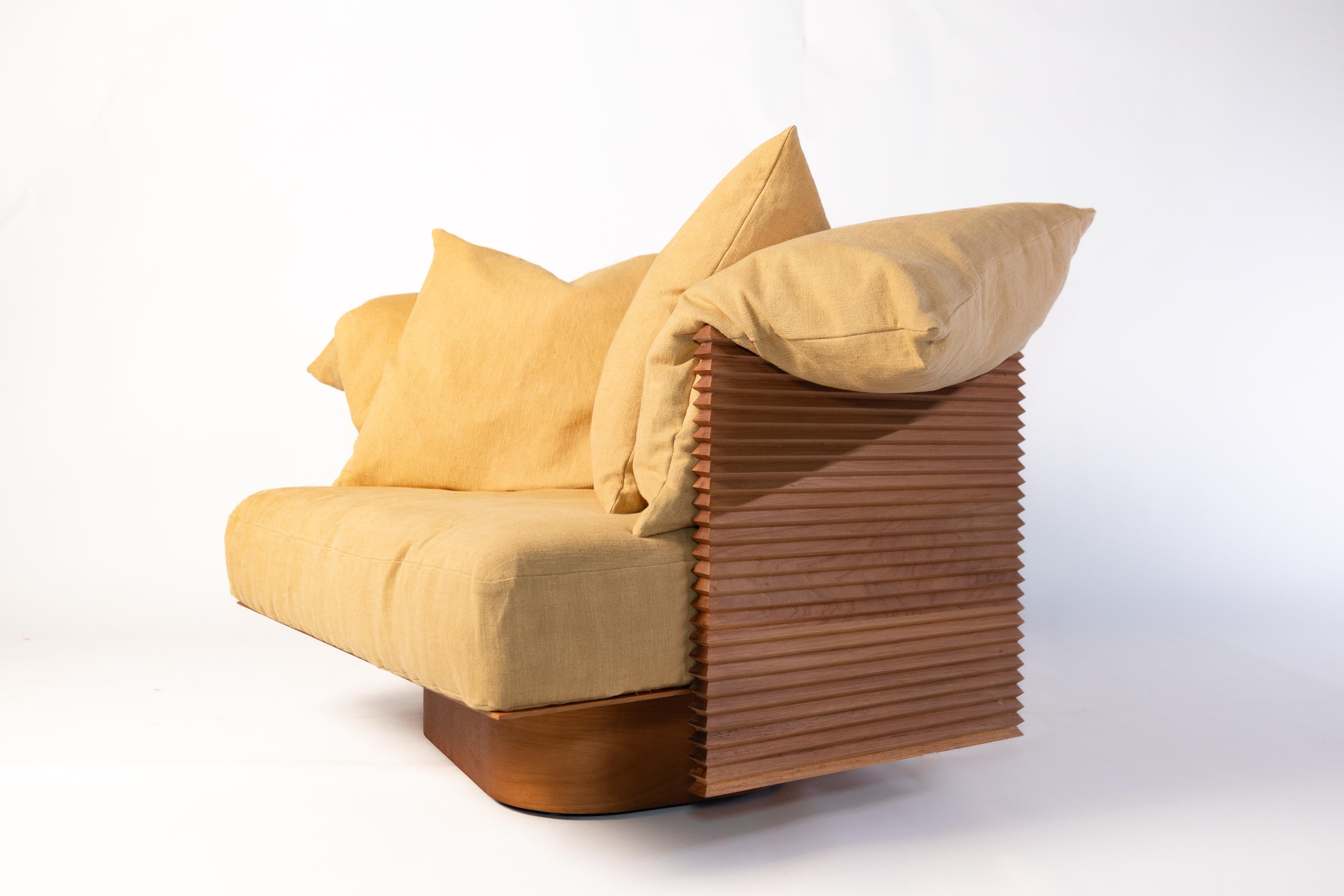 Contemporary Francisco Solid Brazilian Wood Lounge Armchair with Linen Cushions by +55design For Sale
