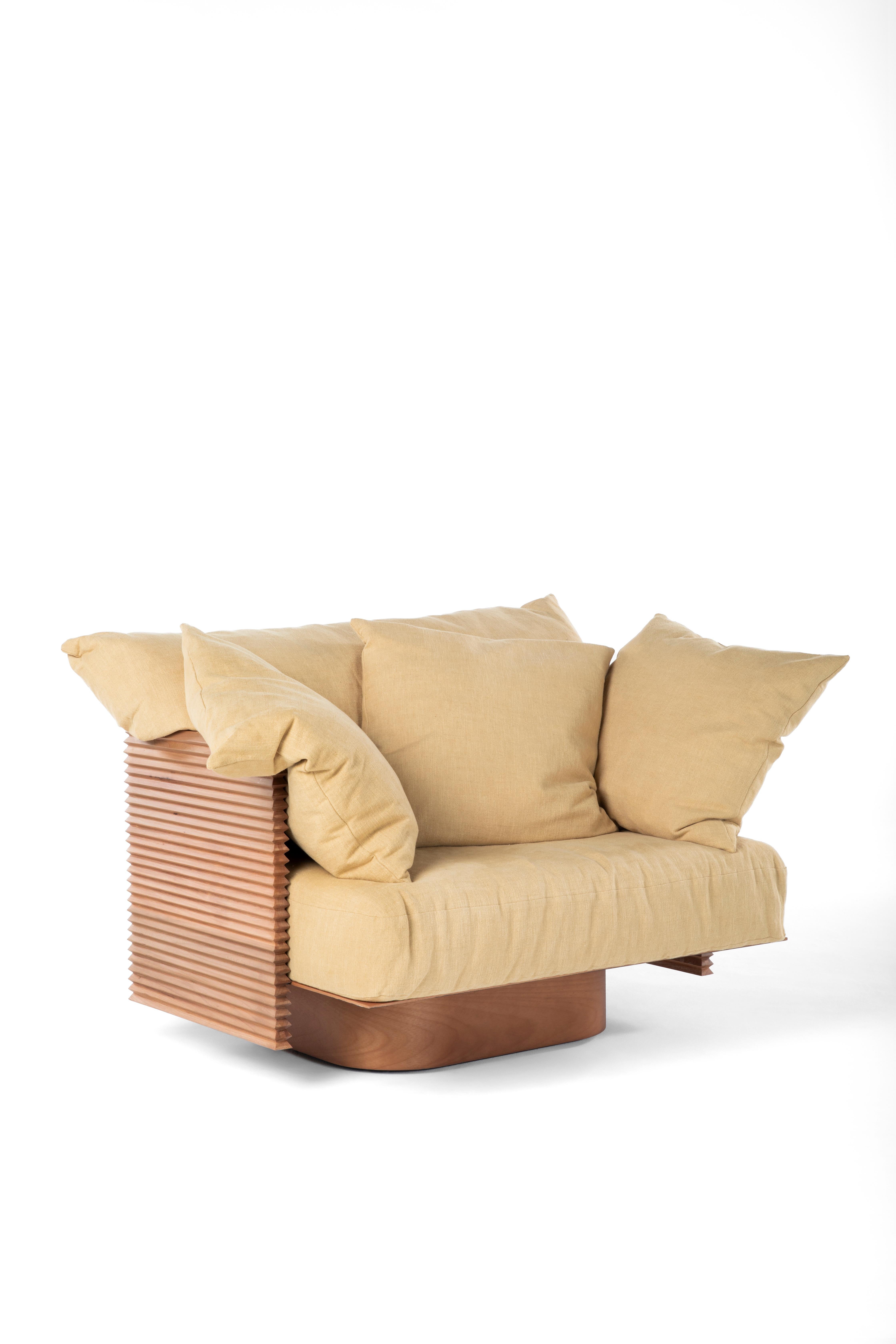 Francisco Solid Brazilian Wood Lounge Armchair with Linen Cushions by +55design For Sale 4