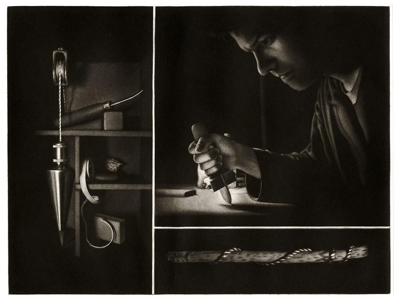 Settling II Homage to the Mezzotint (Self Portrait of Artist with his Tools) For Sale 1