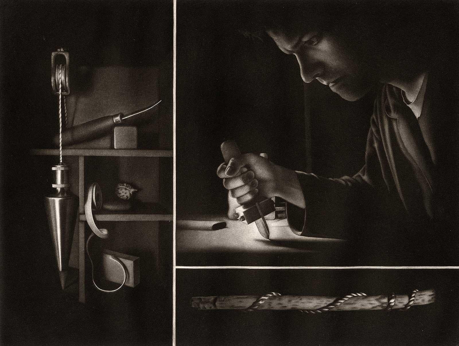 Francisco Souto Portrait Print - Settling II Homage to the Mezzotint (Self Portrait of Artist with his Tools)