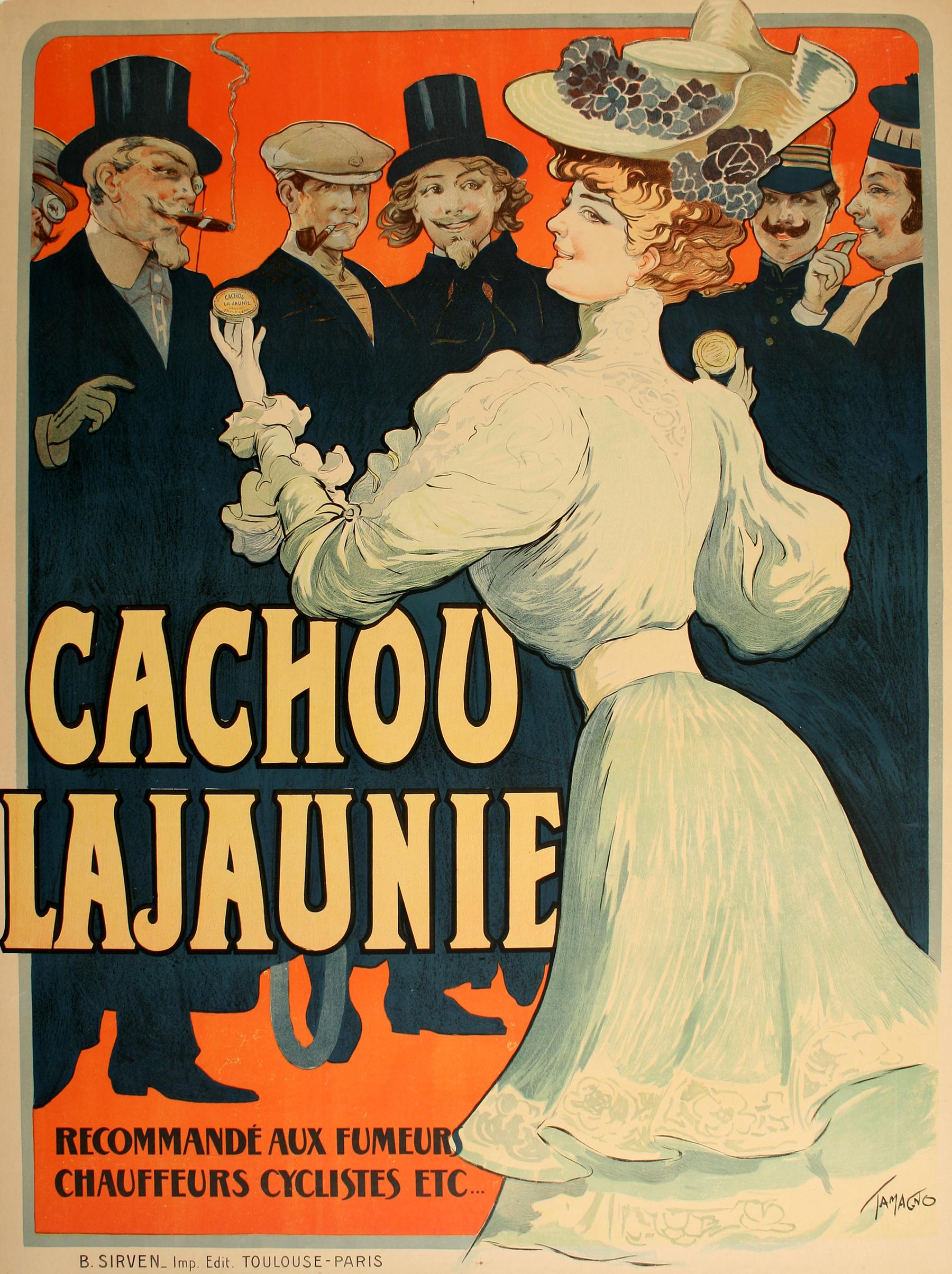 Cachou Lajaunie is French advertisement from 1905 by the artist, Francisco Tamangno.

Cachou Lajaunie is a licorice candy whose strong flavor was designed to disguise the smoker's breath. Tamangno's composition places the Victorian woman in the