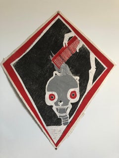 Mexican Modernist Kite Painting, Stencil, Skull Woodcut Print Hand Signed
