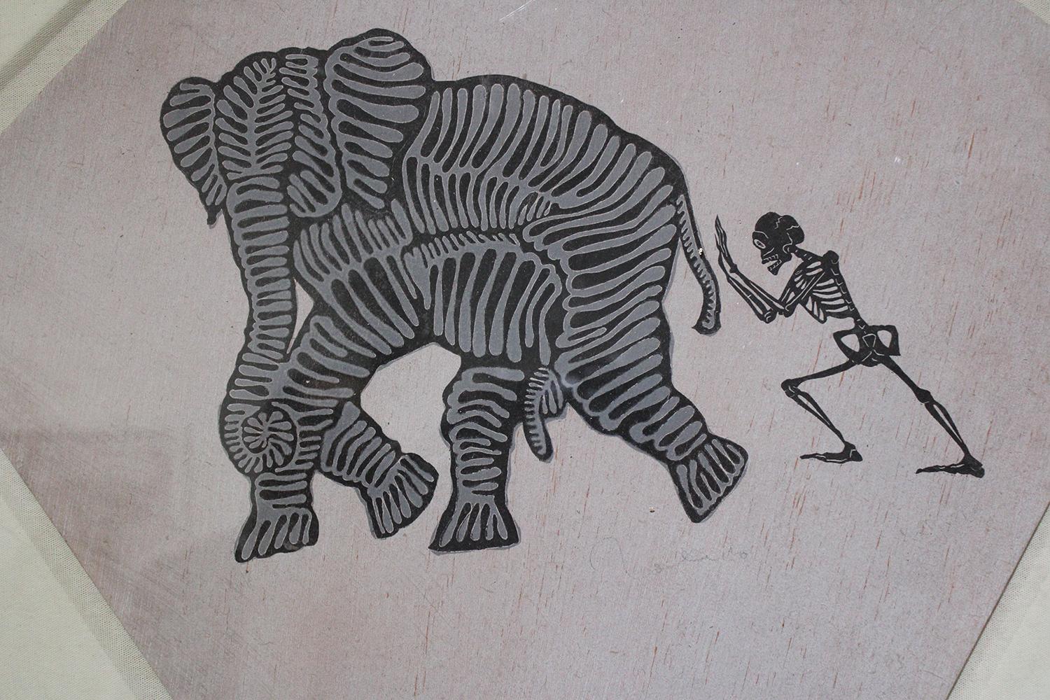 Papalote con Elefante y Esqueleto - Gray Print by Francisco Toledo