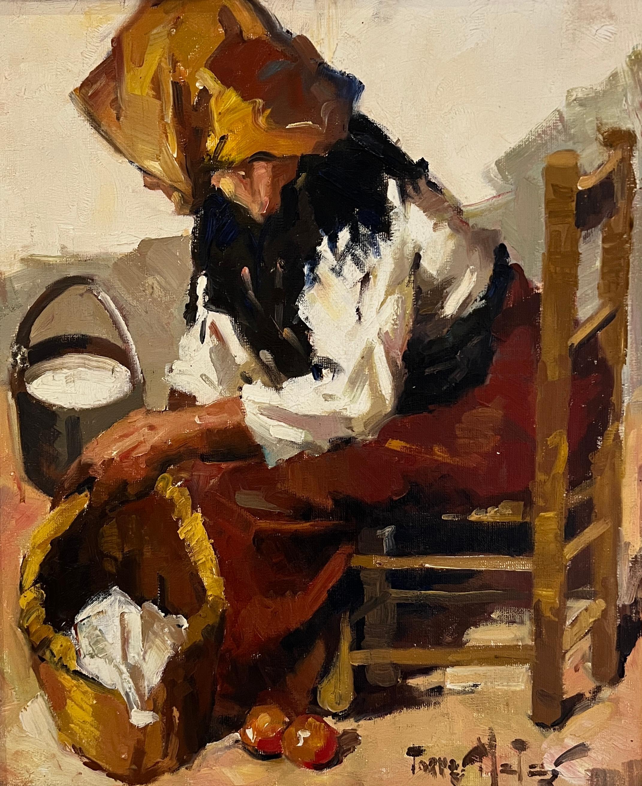 Francisco Torres Matas Figurative Painting - Woman sitting preparing meal