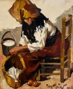 Vintage Woman sitting preparing meal