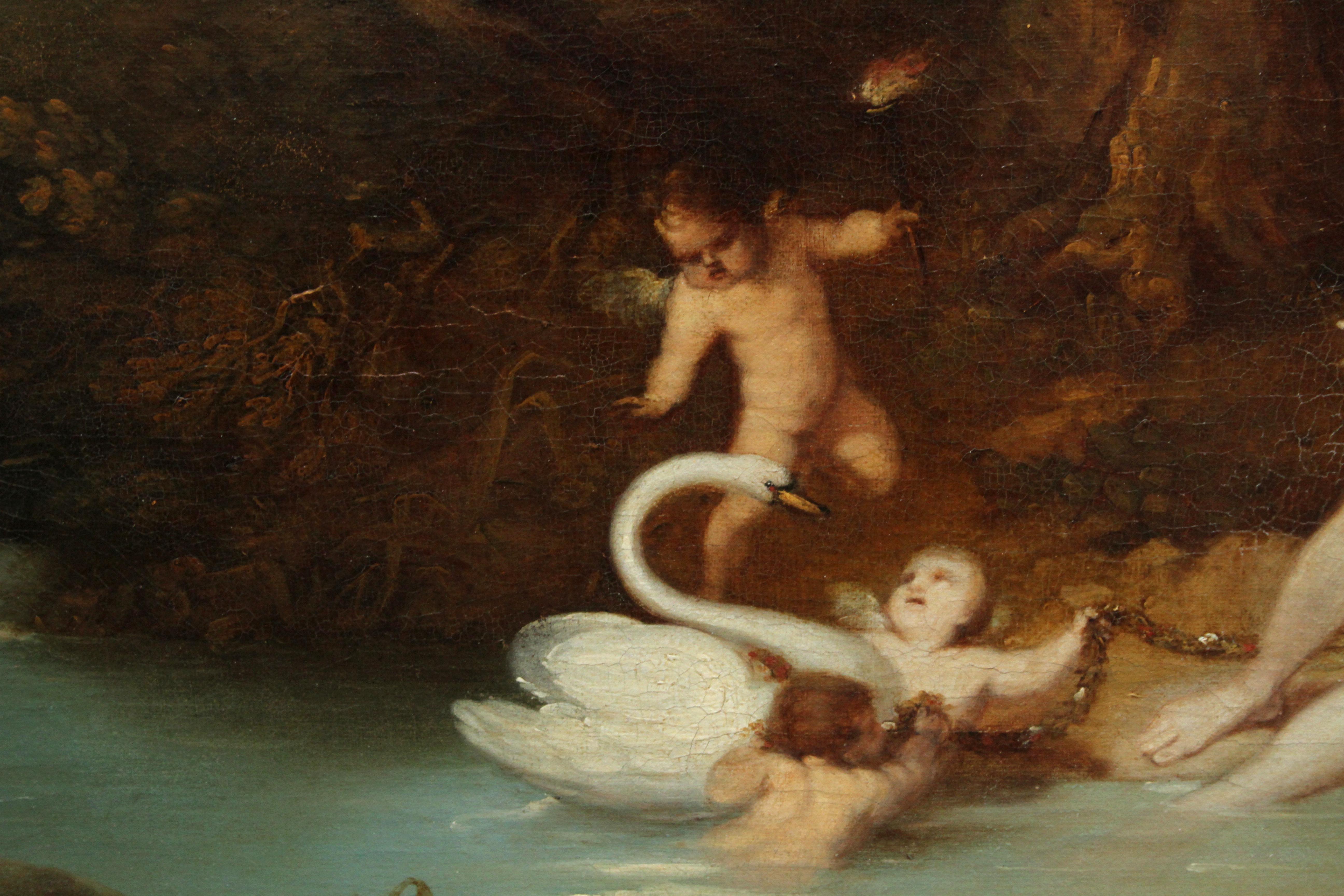 Leda and Swan - 18thC Old Master Continental School mythological oil painting - Brown Landscape Painting by Francisco Viera Portuense