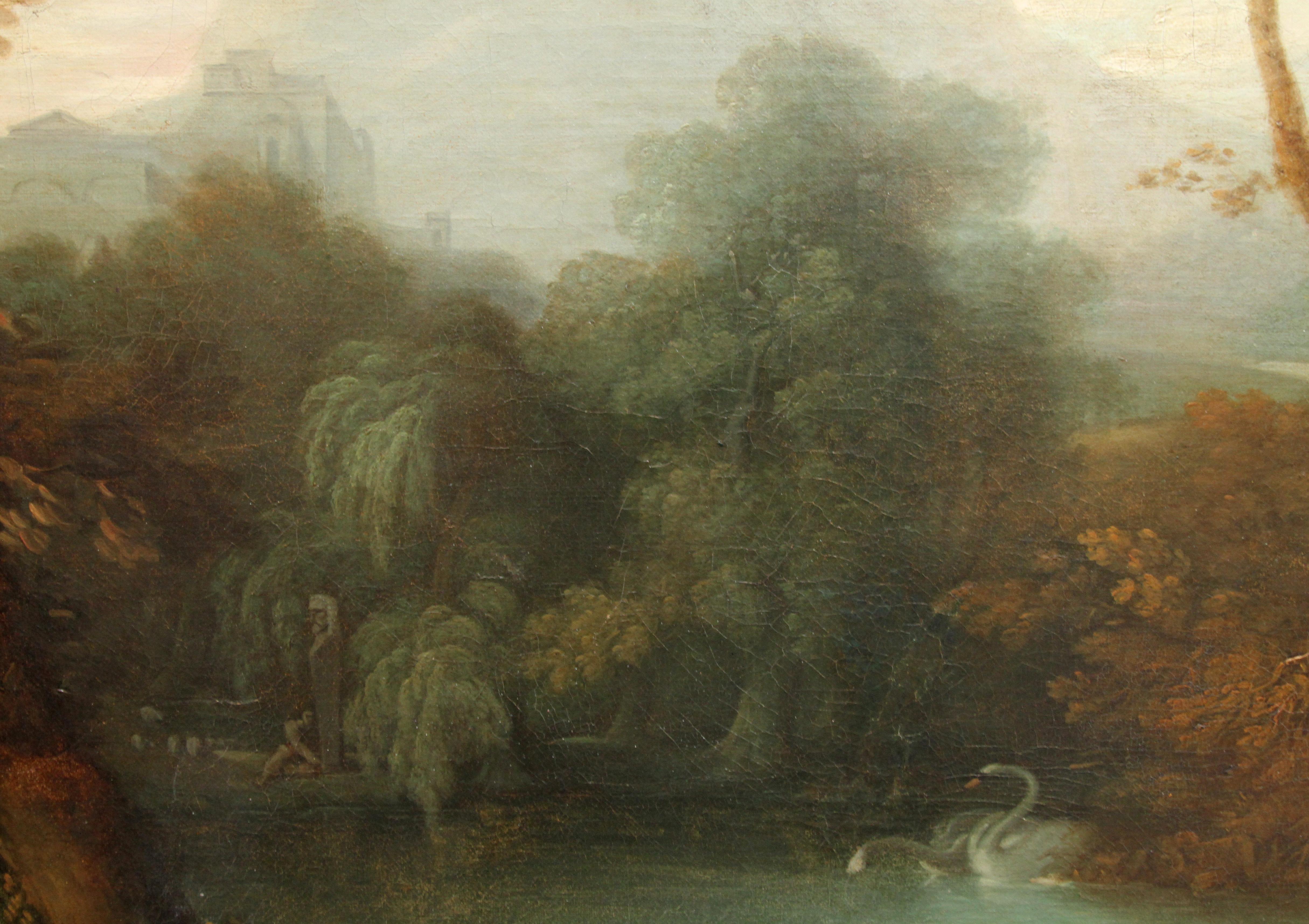 This fine Old Master 18th century oil painting is attributed to the workshop or a follower of Francisco Viera Portuense. The very large painting is of Leda and her children on a riverbank and Zeus, in the form of a swan, is approaching. There are a