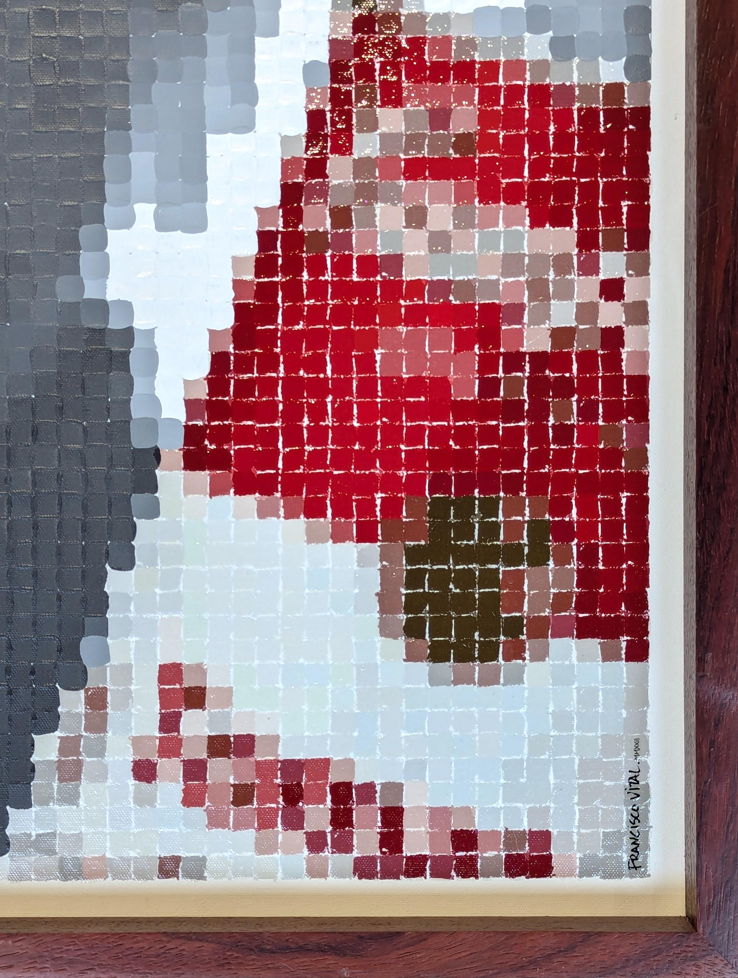 Retrato pixelado inspirado en el arte pop contemporáneo del famoso artista Andy Warhol posando con uno de sus temas más icónicos, la lata de sopa Campbell's.

De forma similar al puntillismo, los bloques de color individuales pintados a mano se unen