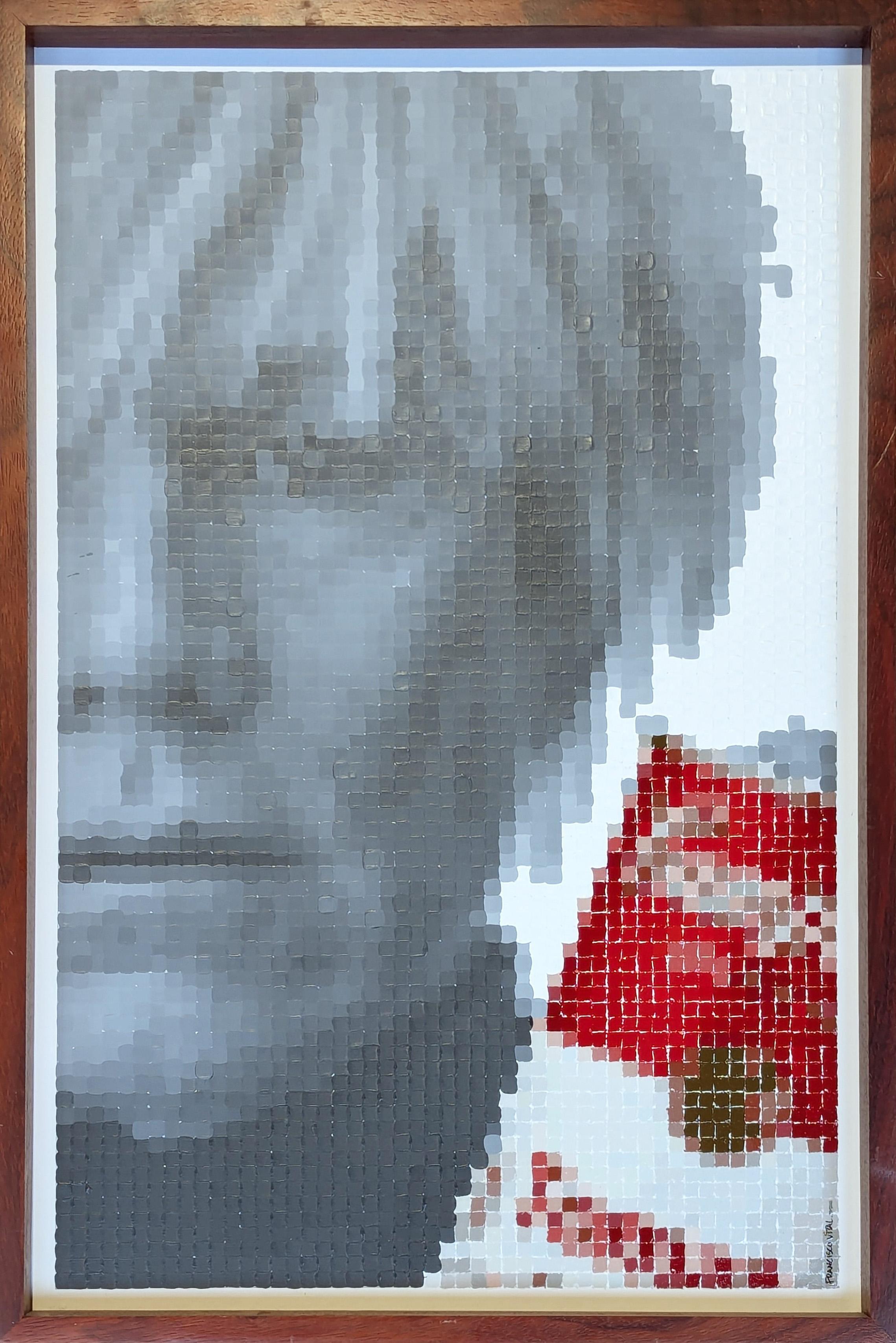 Figurative Painting de Francisco Vital - "Andy Warhol con lata Campbell's" Pintura contemporánea de figuras pixeladas