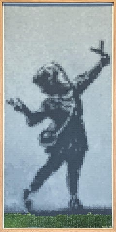"BANKSY 'Girl with floral slingshot'" Contemporary Pop Art Pixelated Painting