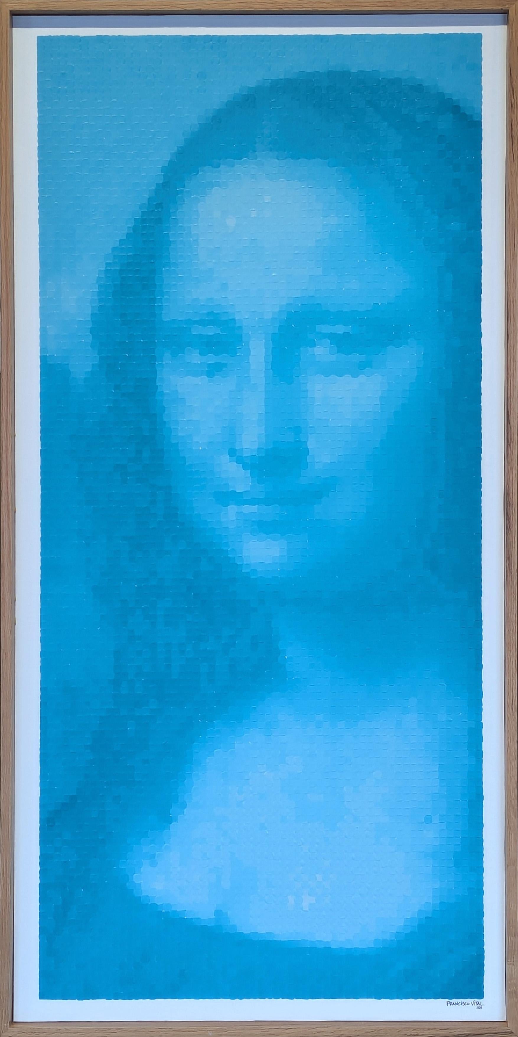 "Mona Lisa azul"" Pintura pixelada contemporánea inspirada en la figura de Leonardo da Vinci