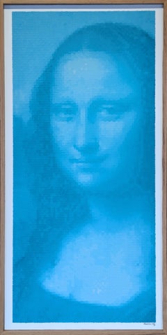 "Mona Lisa azul"" Pintura pixelada contemporánea inspirada en la figura de Leonardo da Vinci