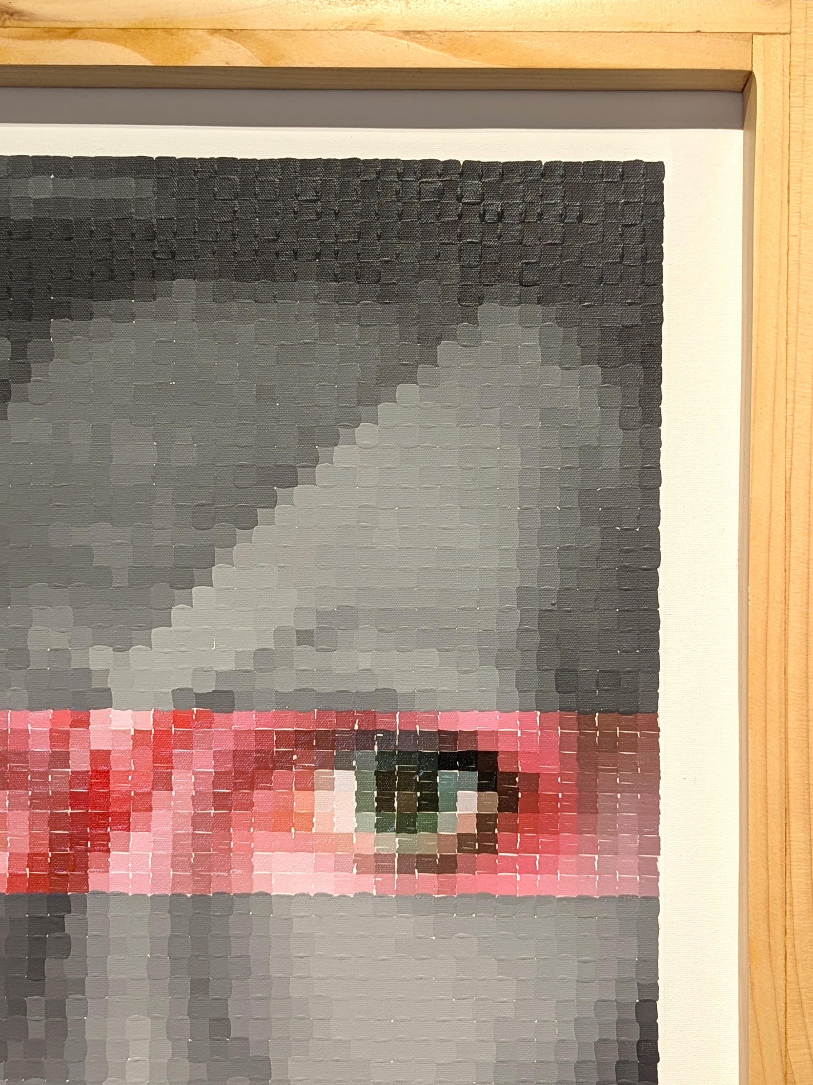 Ritratto pixelato ispirato alla pop art contemporanea dell'iconico cantante David Bowie Ziggy Stardust. Simile al puntinismo, i singoli blocchi di colore dipinti a mano si uniscono per formare il ritratto dell'iconica star quando la si guarda da