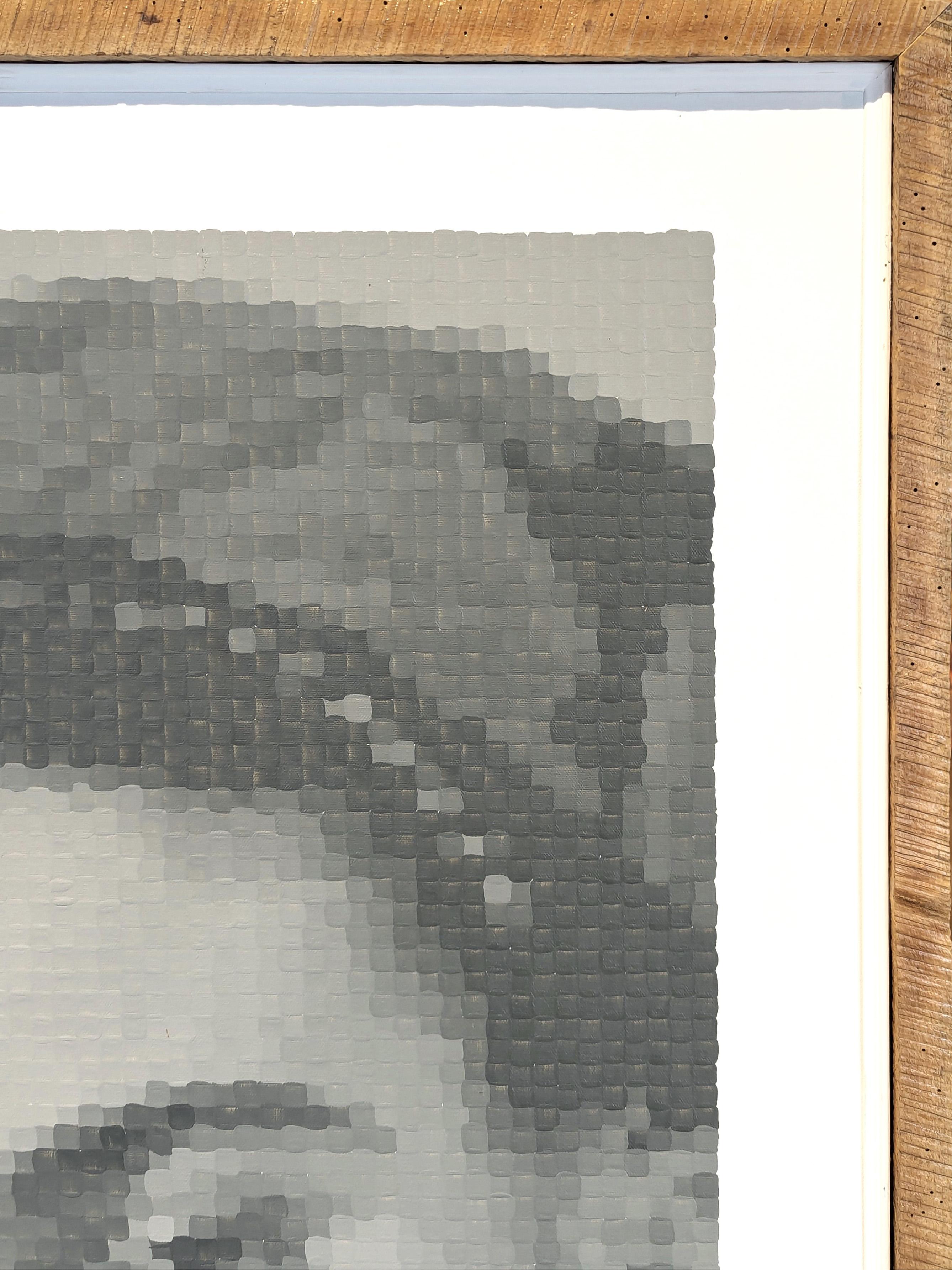 Ritratto pixelato ispirato alla pop art contemporanea dell'artista messicana Frida Kahlo che indossa un rebozo, un indumento messicano indossato come uno scialle o una sciarpa. Simile al puntinismo, i singoli blocchi di colore dipinti a mano si