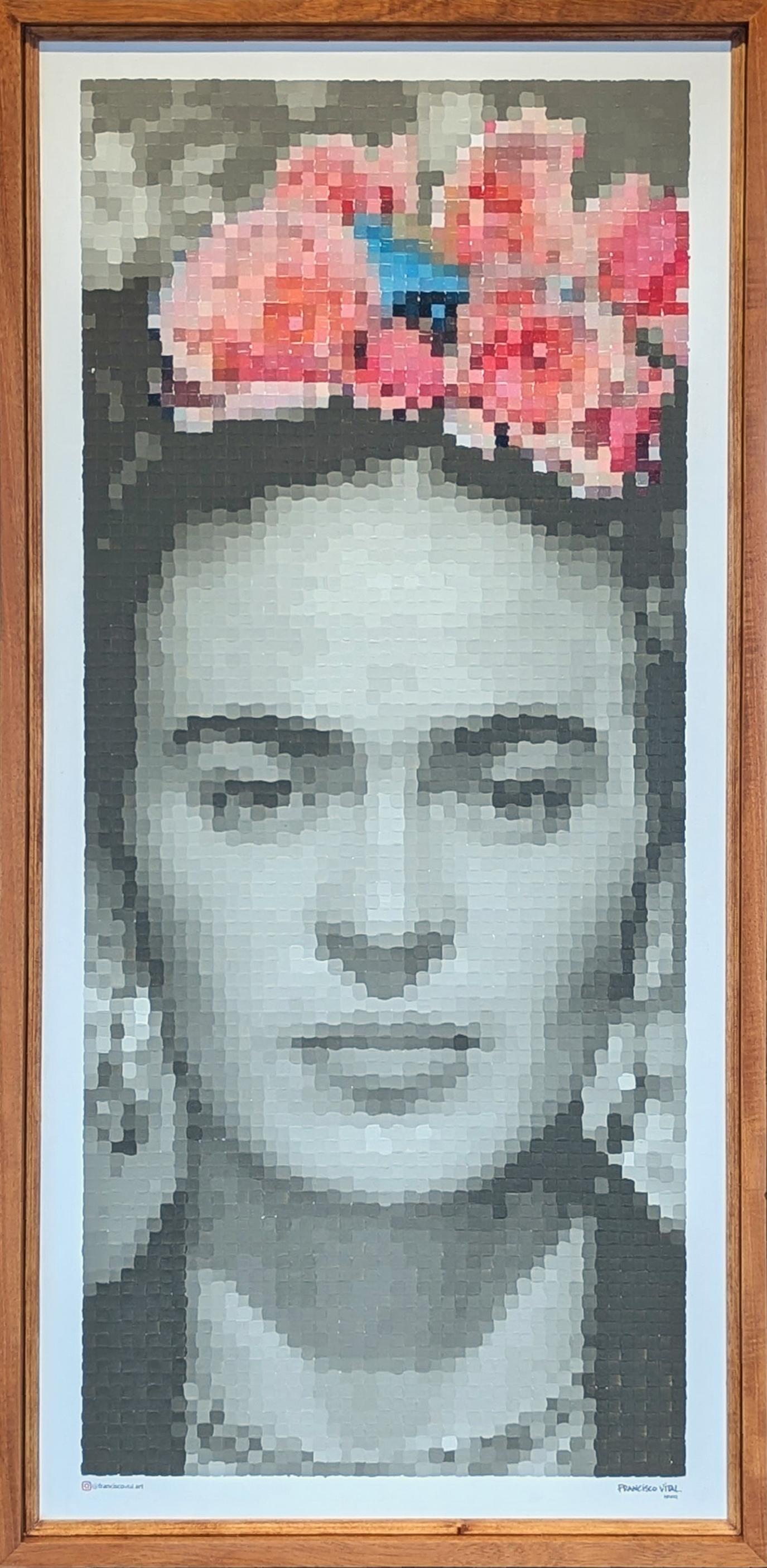 Portrait Painting di Francisco Vital - "Frida Kahlo con fiocco" Quadro ritratto in pixel di ispirazione pop art contemporanea