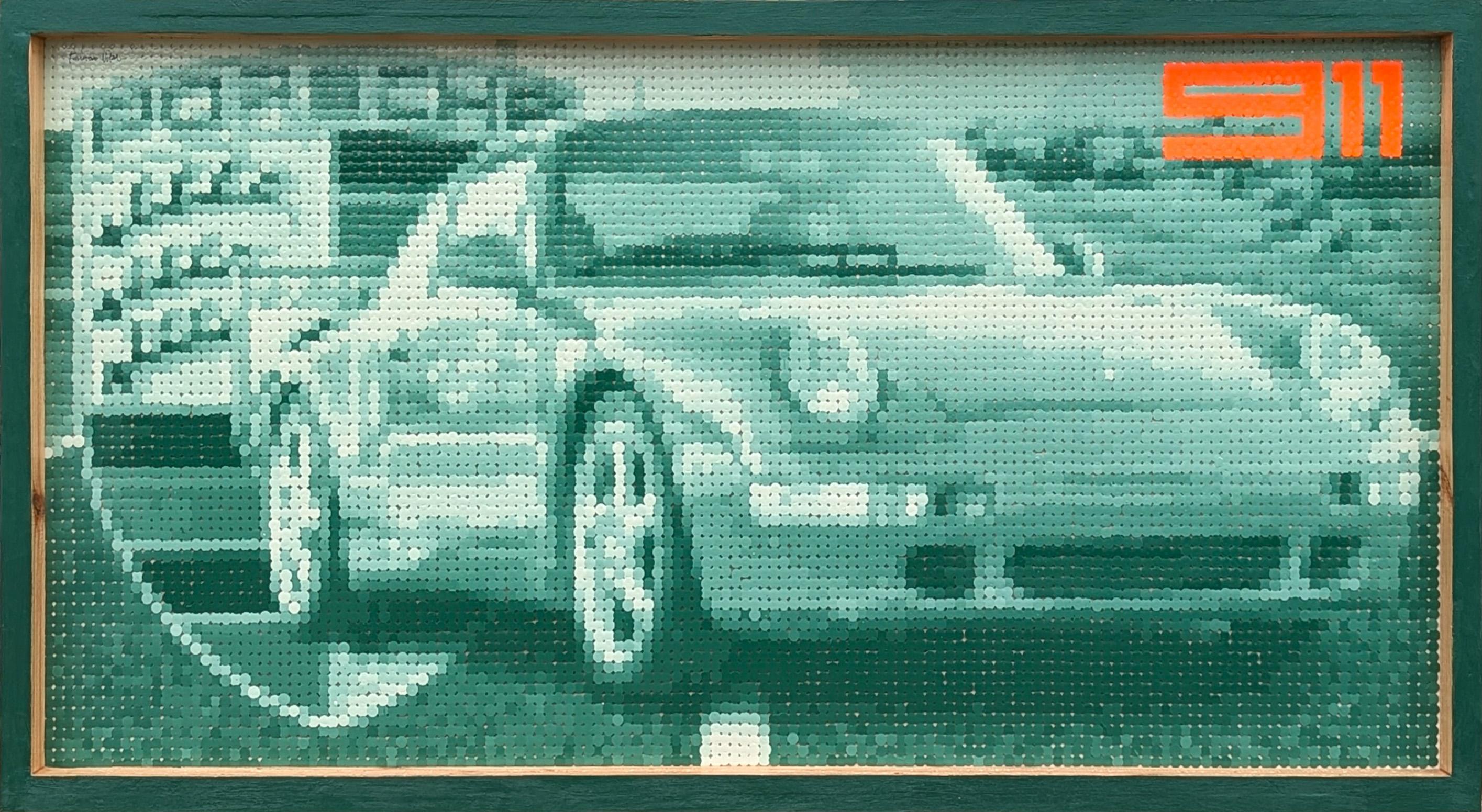 "Porsche 911 Vers. 1" Pittura contemporanea di auto sportive pixelate dai toni verde acqua