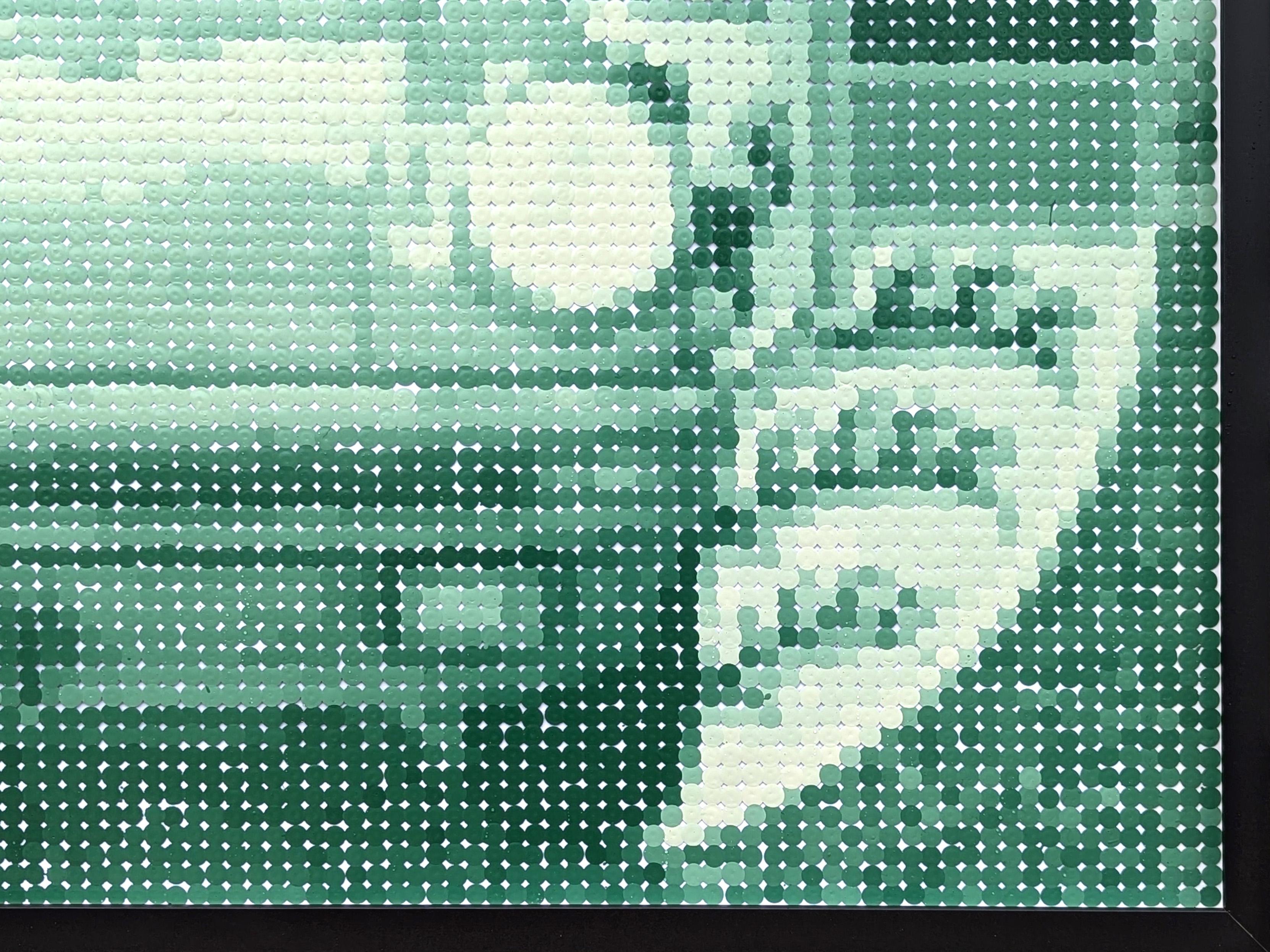 Représentation pixellisée de la célèbre voiture de sport Porsche 911, inspirée du pop art contemporain. À l'instar du pointillisme, les différents blocs de couleur peints à la main s'assemblent pour former l'image lorsqu'on les regarde de loin.