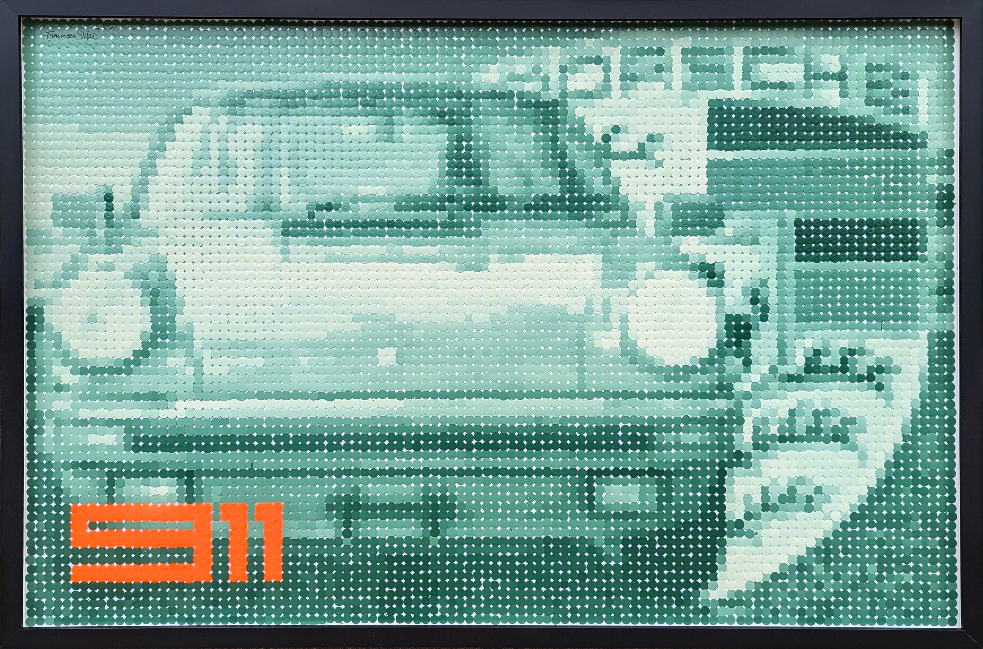 "Porsche 911 Vers. 2" Pittura contemporanea di auto sportive pixelate dai toni verde acqua