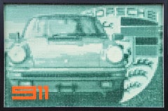 "Porsche 911 Vers. 2" Pittura contemporanea di auto sportive pixelate dai toni verde acqua