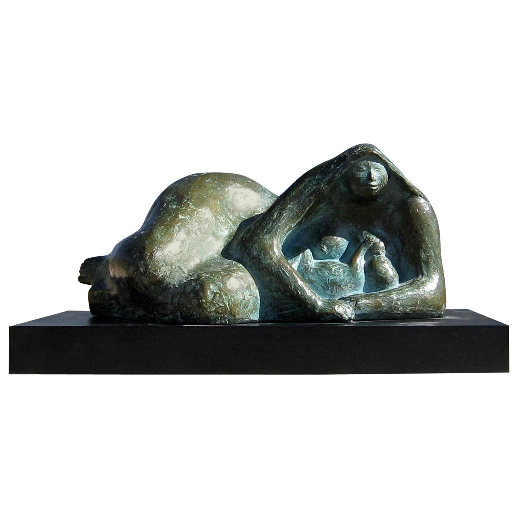 Francisco Zuniga Bronze Sculpture, 1964, Reclining Mother with Shawl For Sale