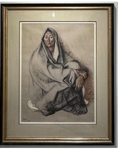 1972 Original CHALK DRAWING Mujer Sentada Mexican Mixed Media painting