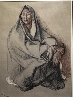 1972 Original CHALK DRAWING Mujer Sentada Mexican Mixed Media painting