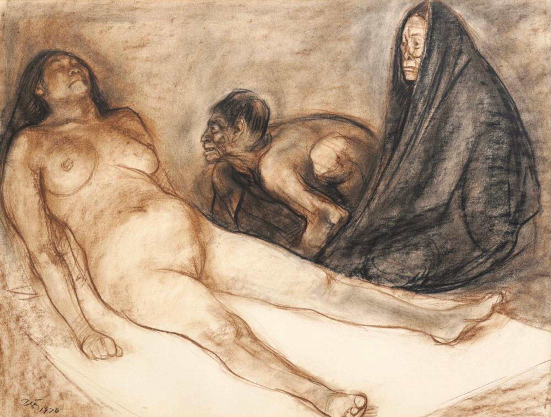 Francisco Zuniga, Mexican (1912-1998). 'Brujeria', sepia and black charcoal on paper. I spoke with Ariel Zuniga and he was very impressed by this painting saying three or more figures is rare. The scene is of a mother and sick daughter with a witch
