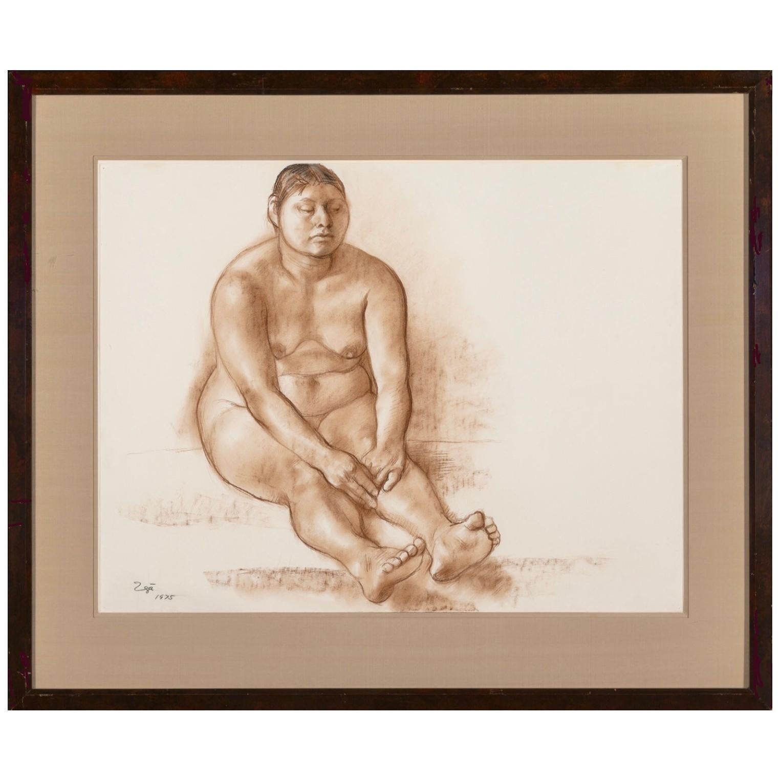 Francisco Zúñiga (Mexican, 1912-1998) Seated nude with extended legs. This woman with eyes heavy in meditation shows a myriad of emotions including humility, vulnerability and fatigue. The figure makes the viewer appreciate those who do all the