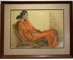 ORIGINAL Mexican MIXED MEDIA Painting MUJER ROJO SENTADAS