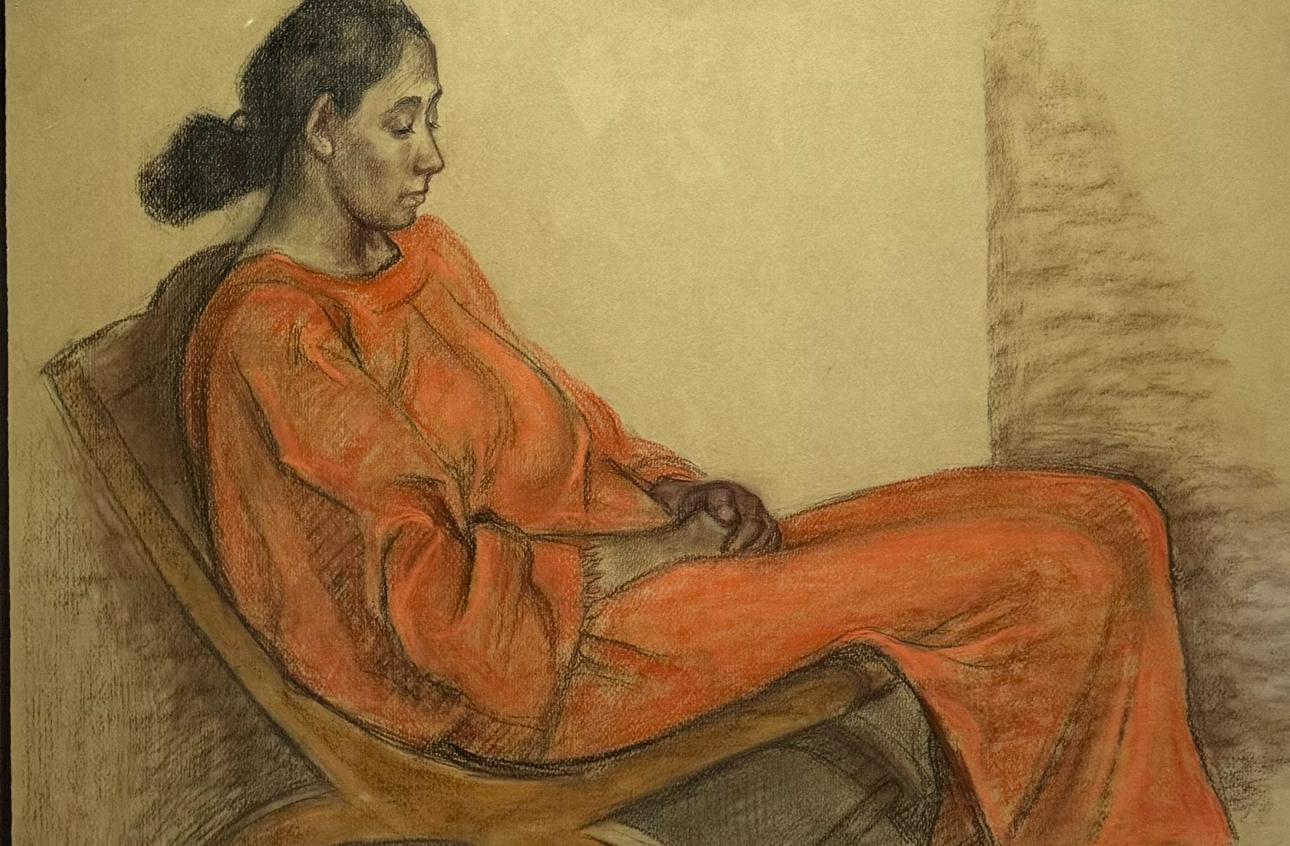 ORIGINAL MEXICANO MEDIOS MIXTOS Pintura MUJER ROJO SENTADAS - Figurative Painting Marrón de Francisco Zúñiga