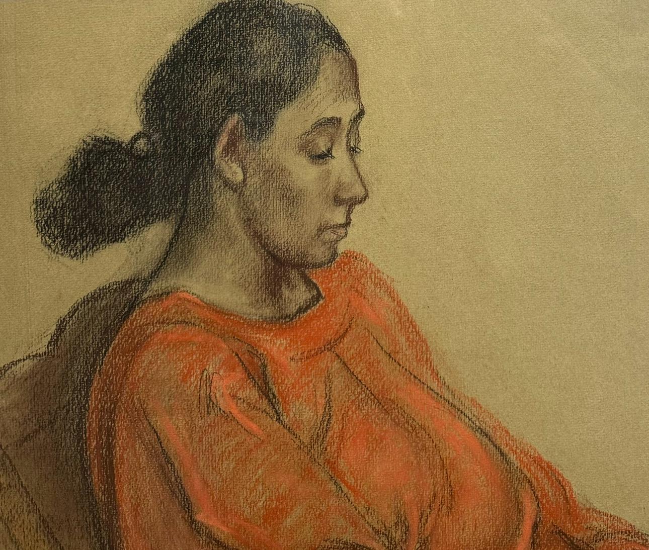 ORIGINAL MEXICANO MEDIOS MIXTOS Pintura MUJER ROJO SENTADAS en venta 4