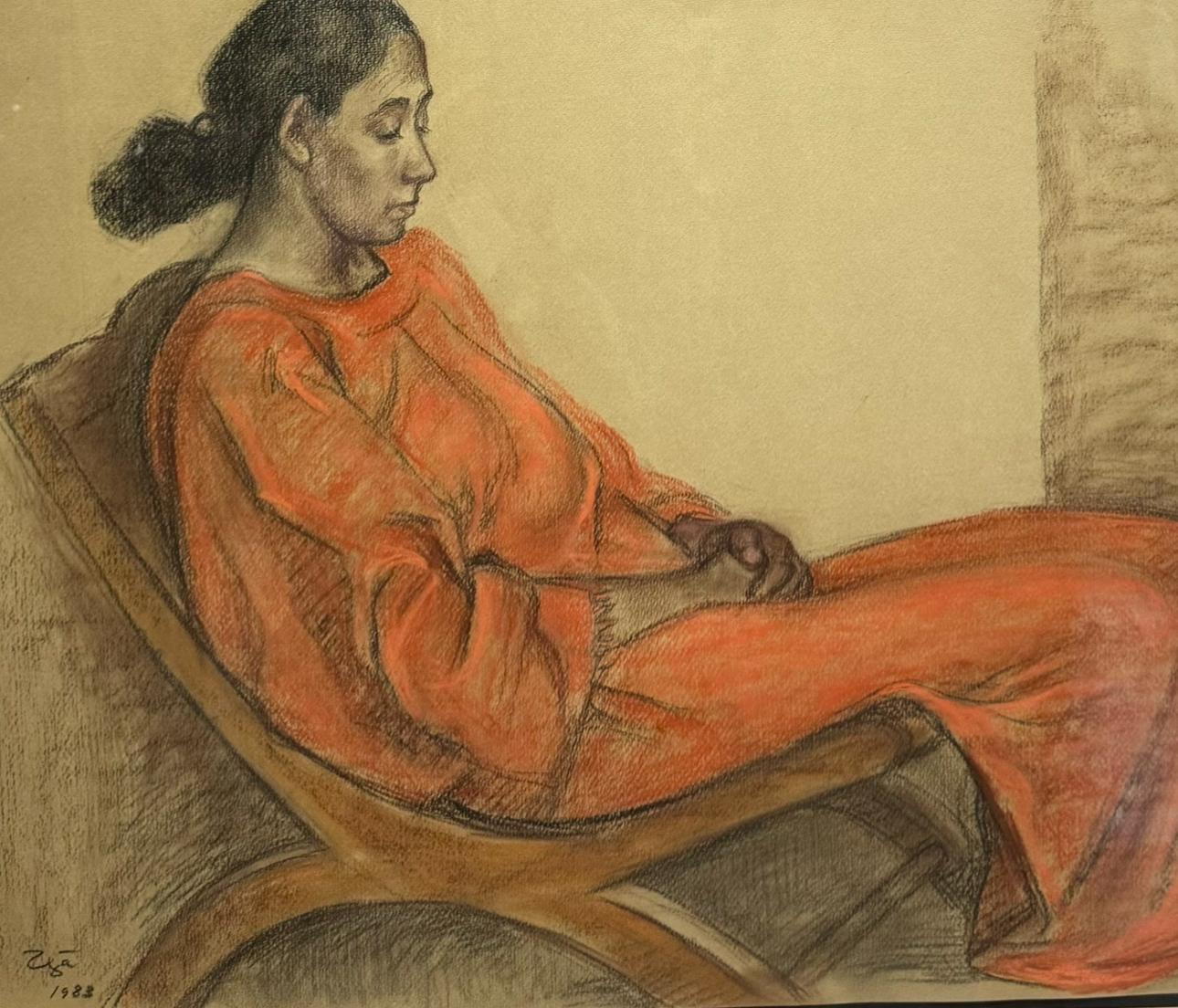 Figurative Painting de Francisco Zúñiga - ORIGINAL MEXICANO MEDIOS MIXTOS Pintura MUJER ROJO SENTADAS