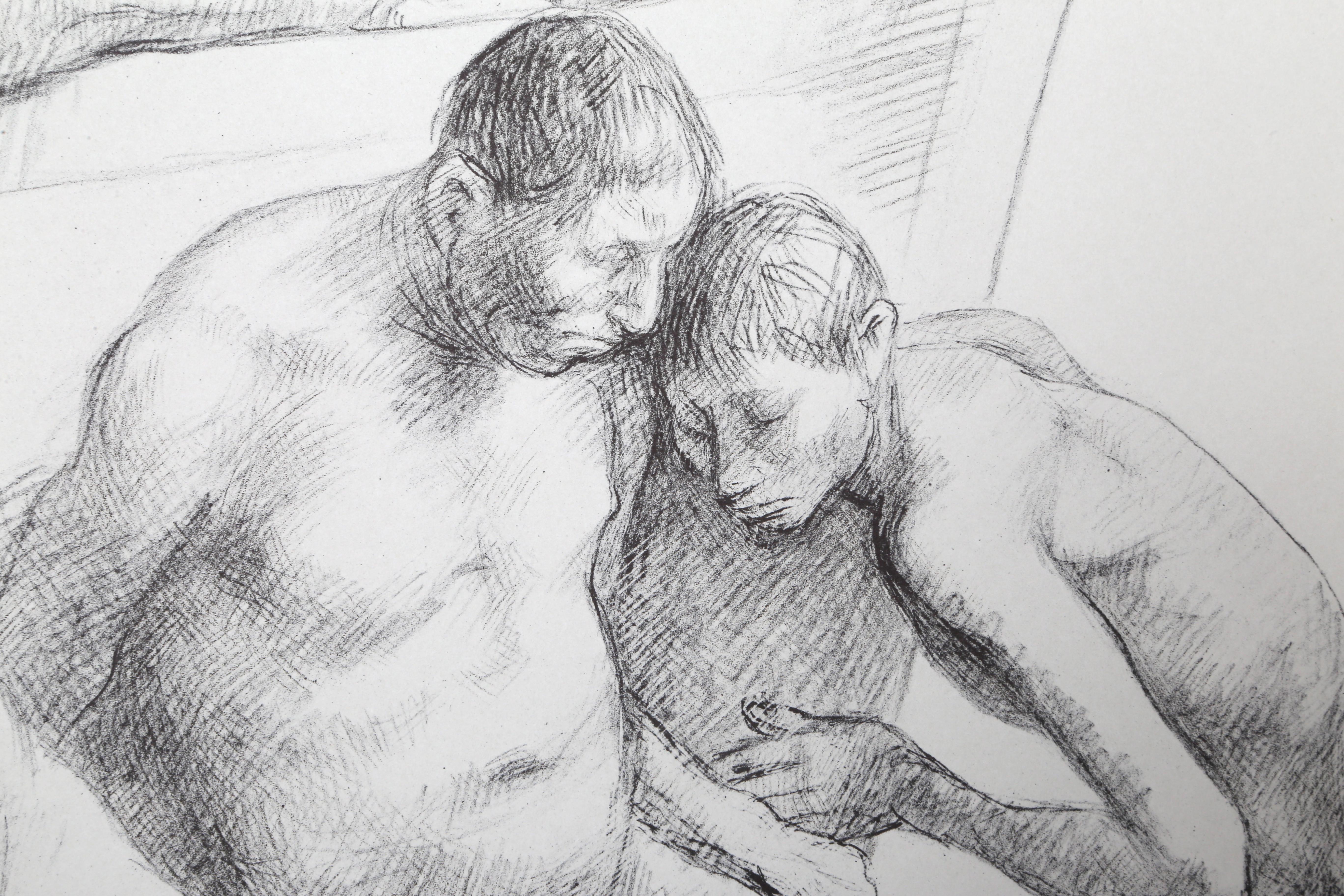 Hombres con Barca I, Litografía expresionista firmada por Francisco Zuniga - Print de Francisco Zúñiga