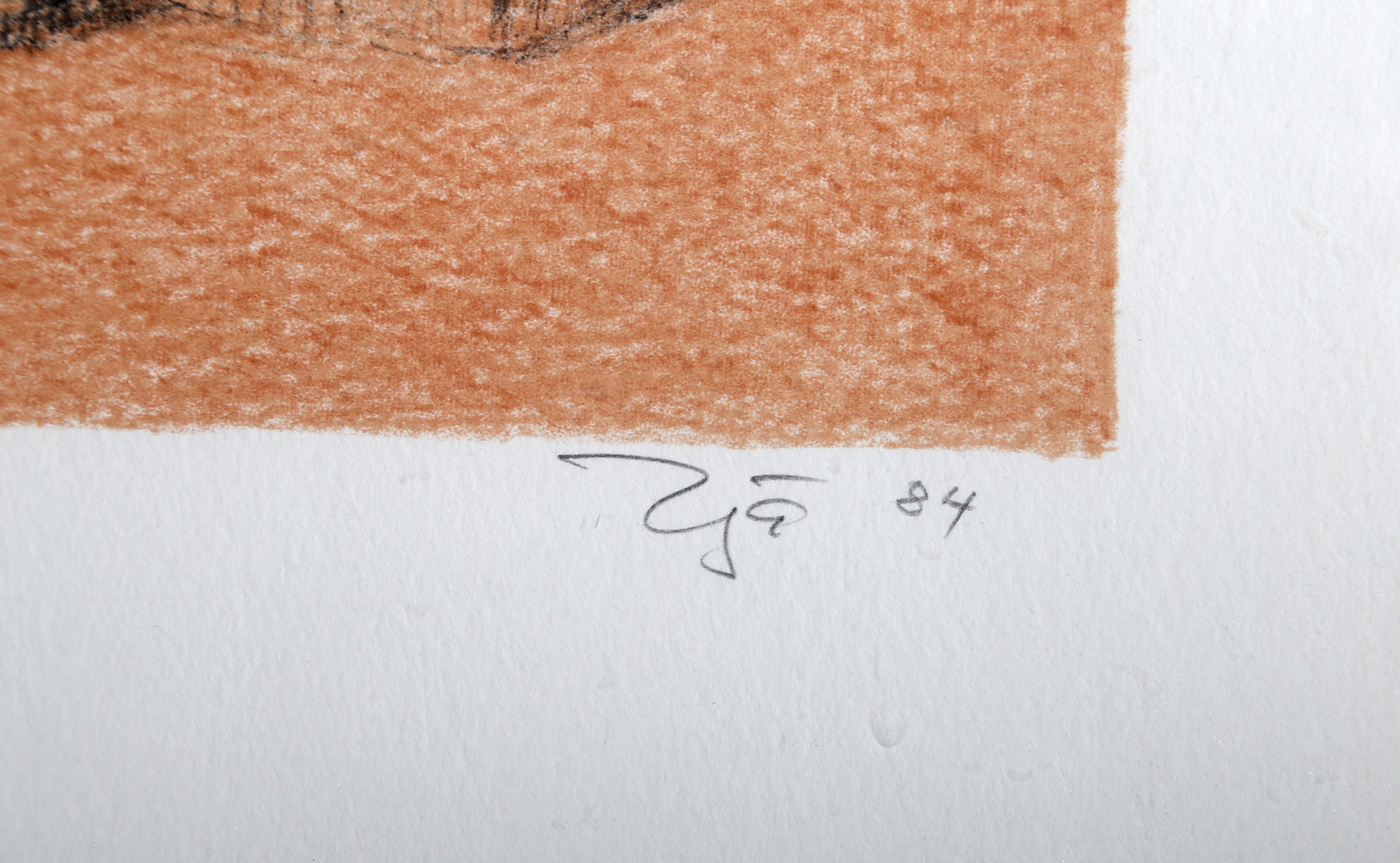 Mujer Bebiendo, litografía de Francisco Zuniga - Figurative Print Beige de Francisco Zúñiga