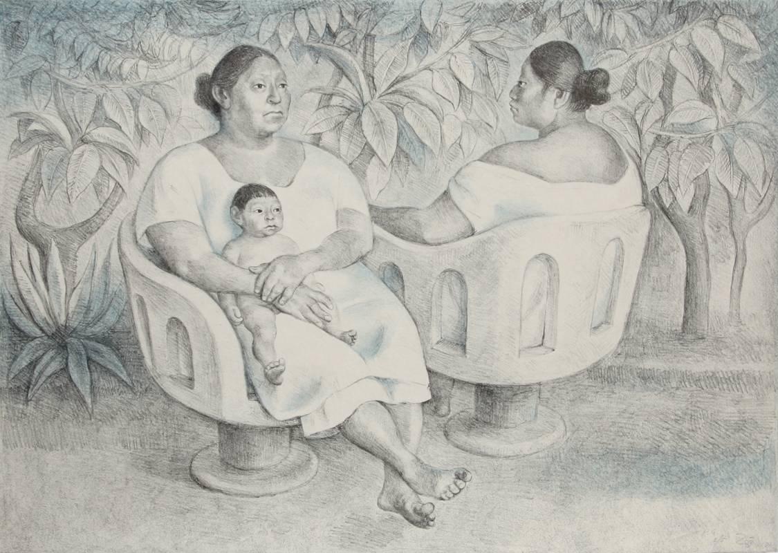 Figurative Print de Francisco Zúñiga - Yucatecas en el Parque, Estado II, Litografía de Francisco Zuniga